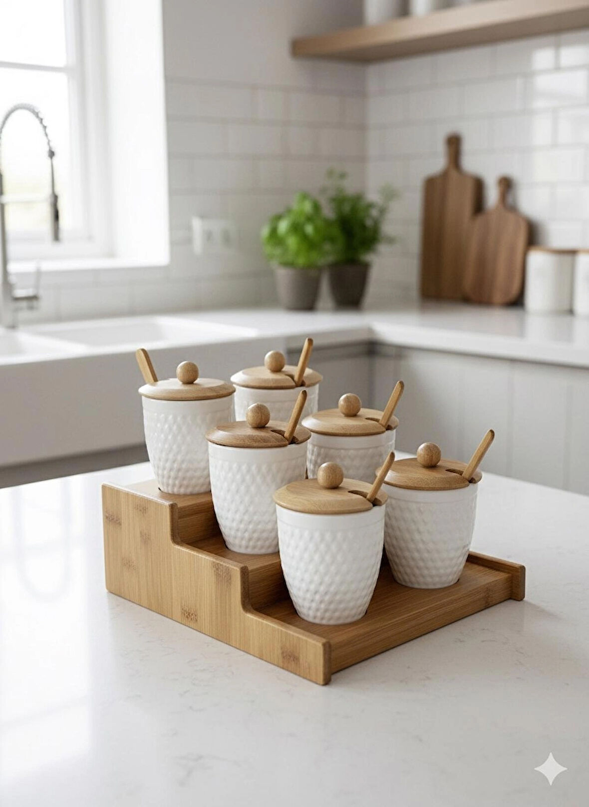 Modern Bambu Standlı 6'lı Porselen Baklava Desenli Baharatlık Seti Kaşıklı