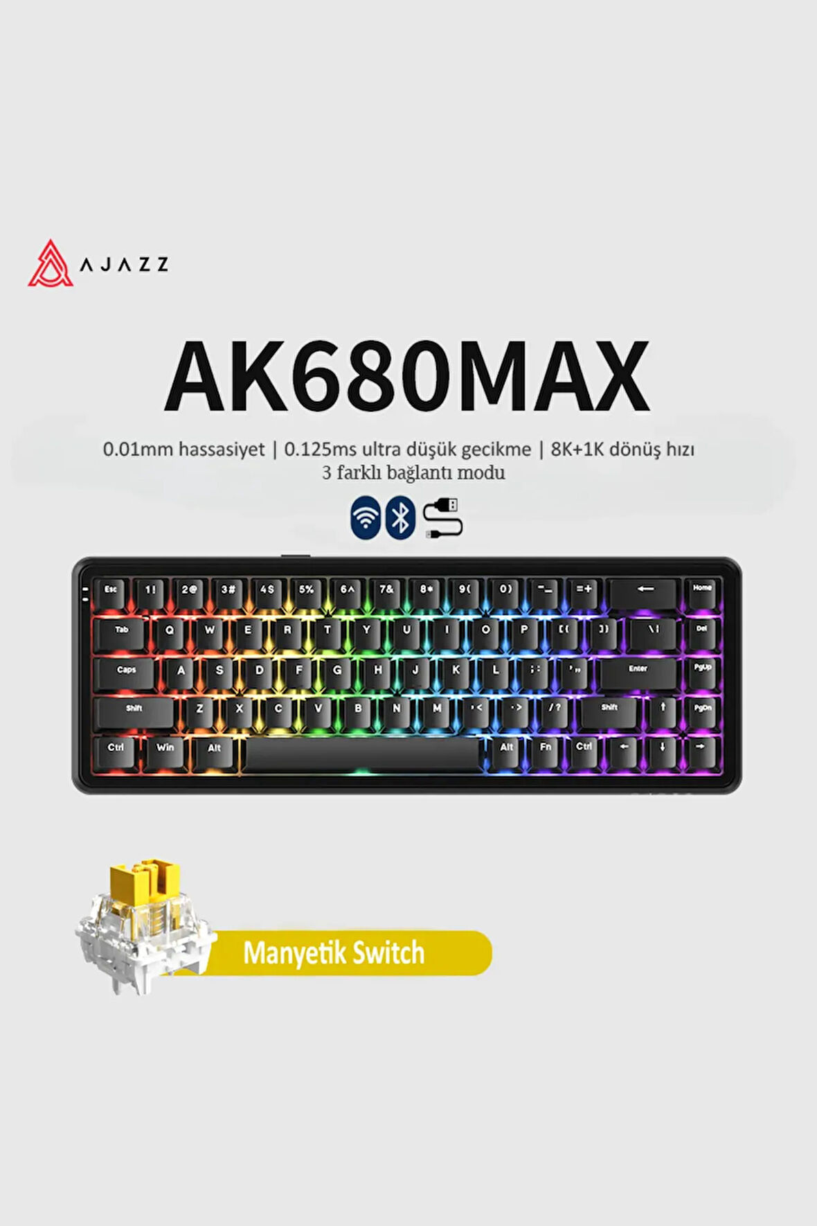 Ak680 Max Kablosuz Manyetik Switch Mekanik Oyun Klavyesi-rapid Trigger-0.125 Ms Gecikme