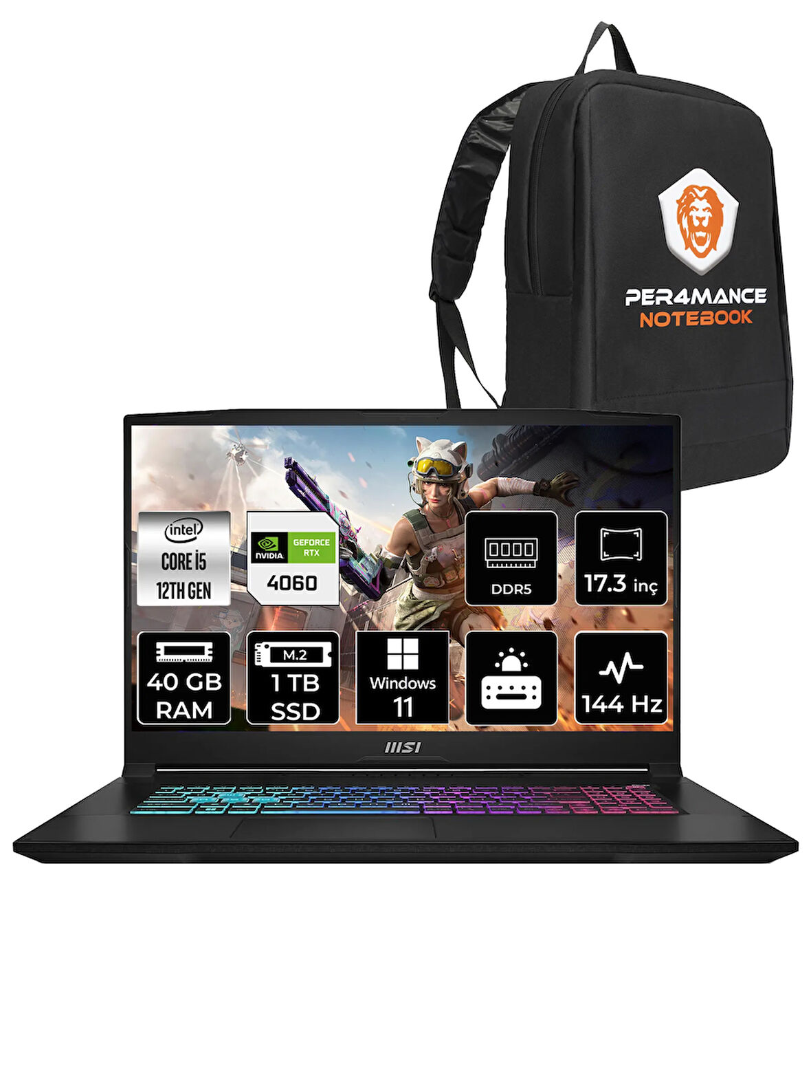 MSI Katana 17 B12VFK31 i5 12450H 40GB 1TB SSD RTX4060/8GB 105W 17.3" FHD 144Hz W11P  & PER4 ÇANTA
