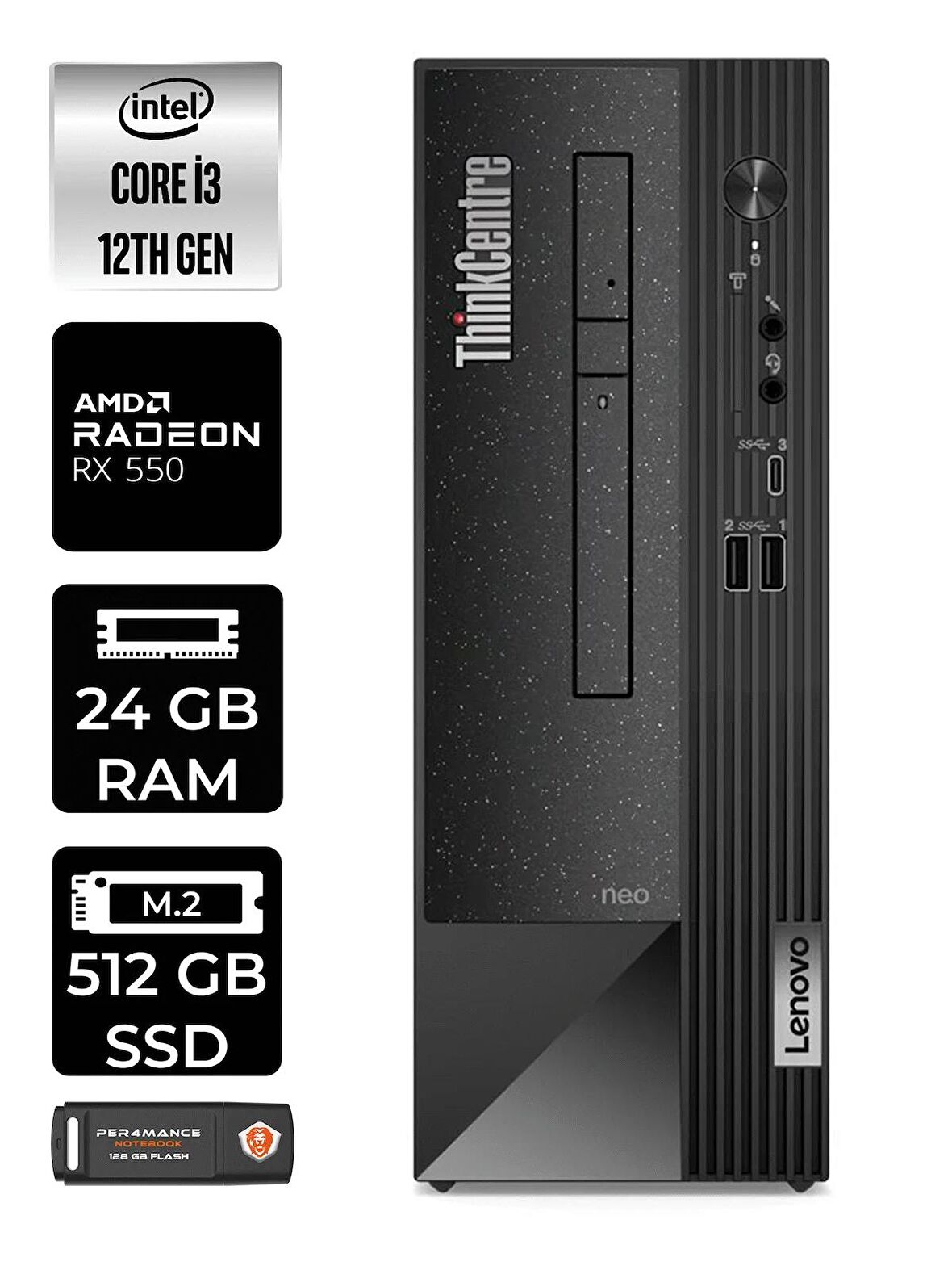 Lenovo NEO 50S i3 12100 24GB RAM 512GB SSD RX550/4GB FDOS 11SX002VTX MASAÜSTÜ PC & PER4 BELLEK