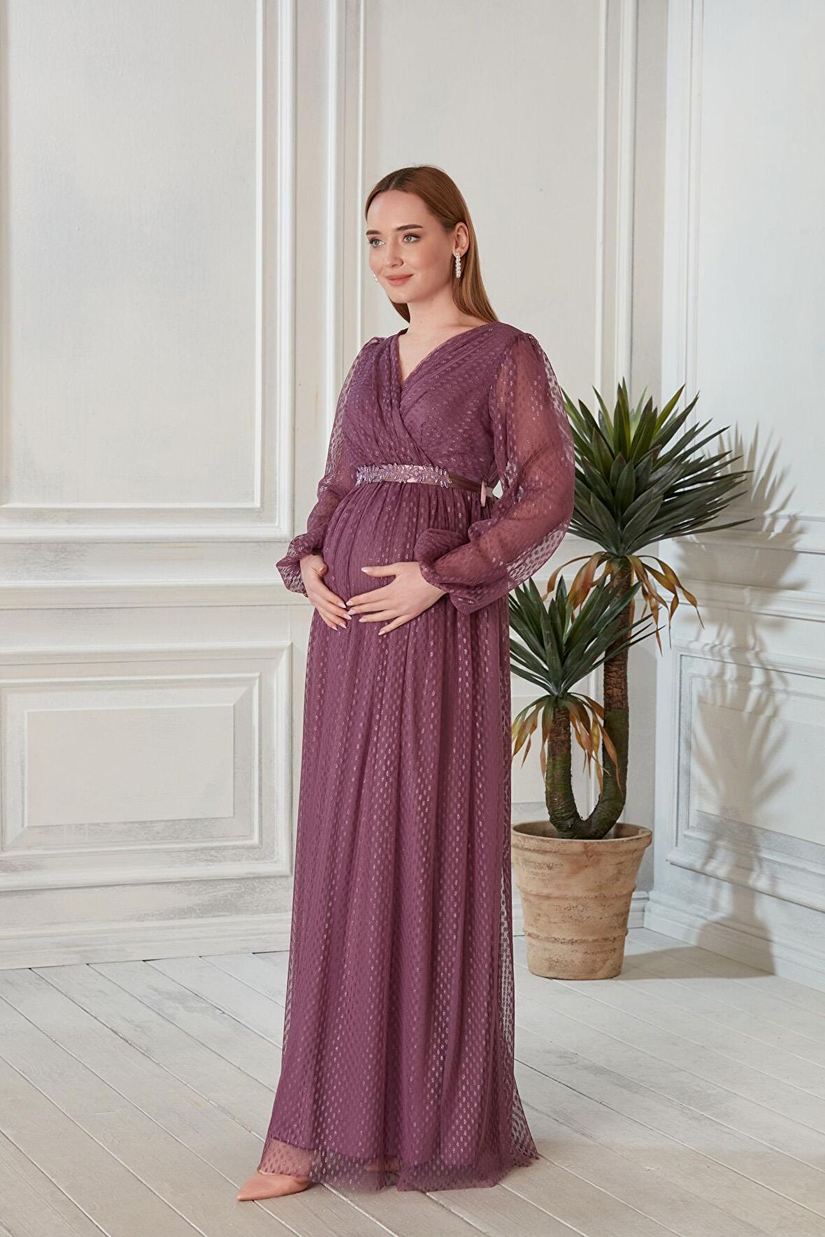 IŞŞIL A0024-Sim Puanlı Tül Maxi Hamile Abiye-BabyShower Elbise