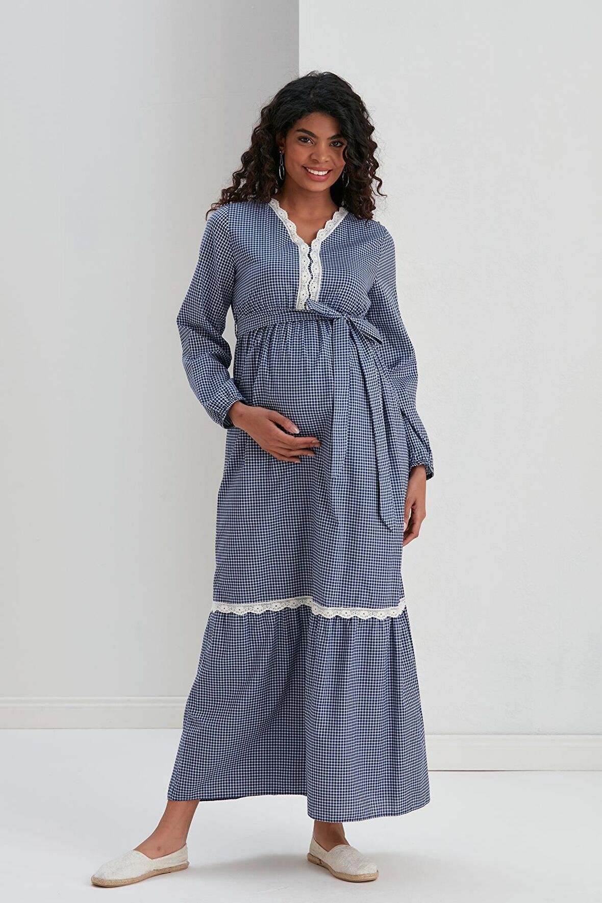 IŞŞIL M057-Mini Kare Dantelli Pamuk Hamile Maxi Elbise