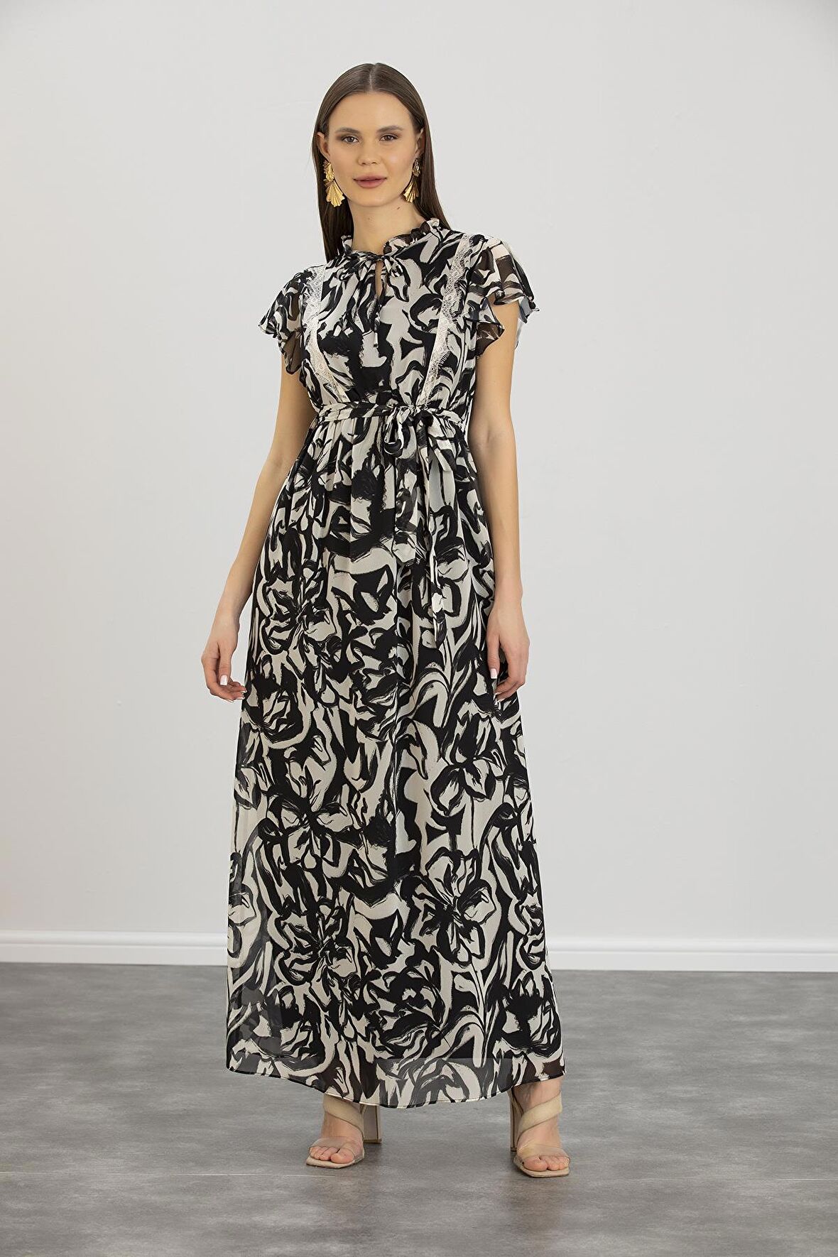 IŞŞIL E0019-Pileli Hakim Yaka Şifon Hamile Jile Elbise