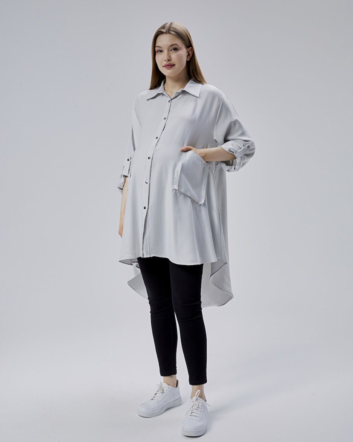IŞŞIL 50866-Çizgili OwerSize Hamile Spor Gömlek-Tunik