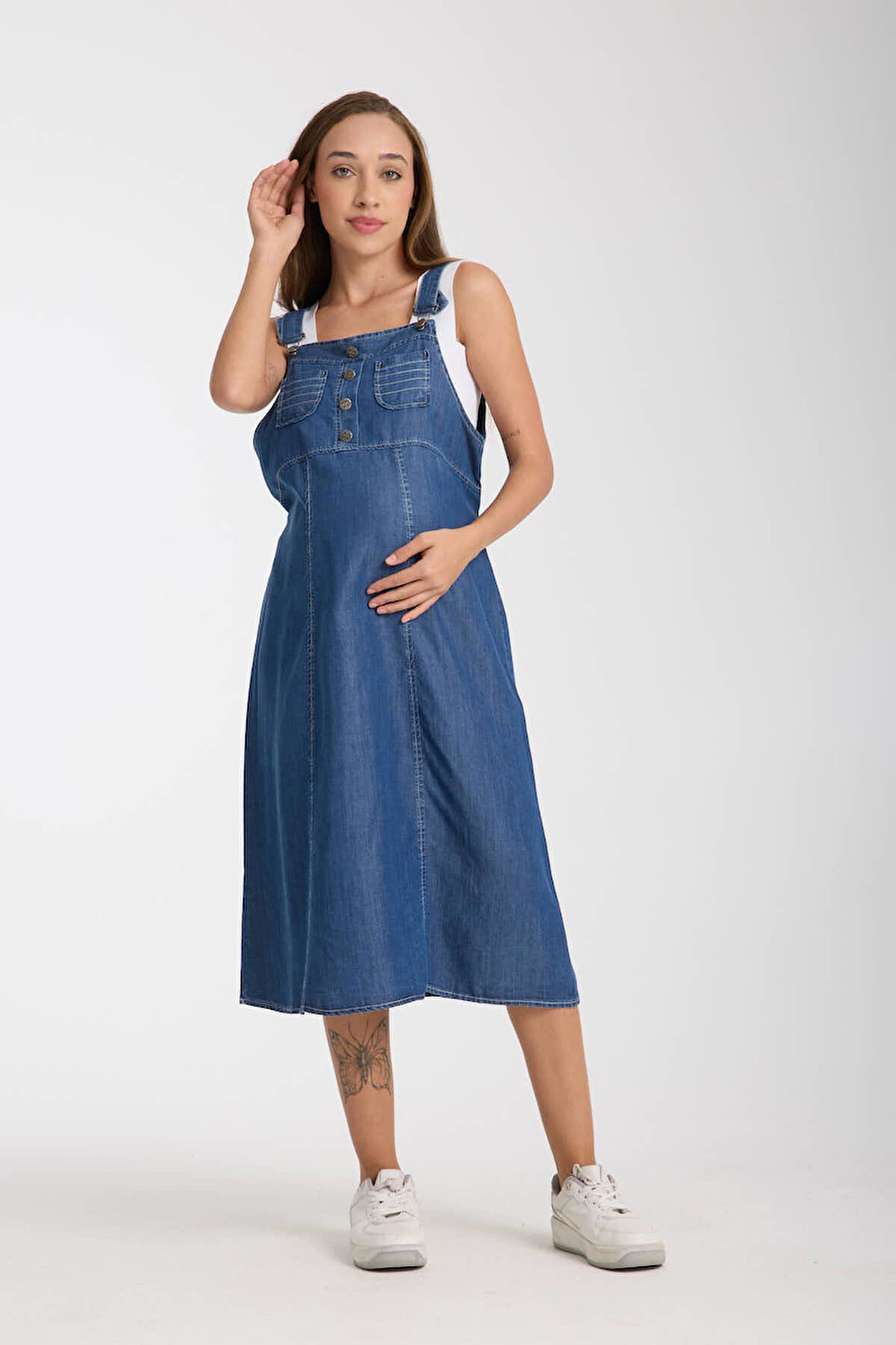 IŞŞIL 4560-Lyocell Askılı Hamile Bahçıvan Midi Boy Elbise