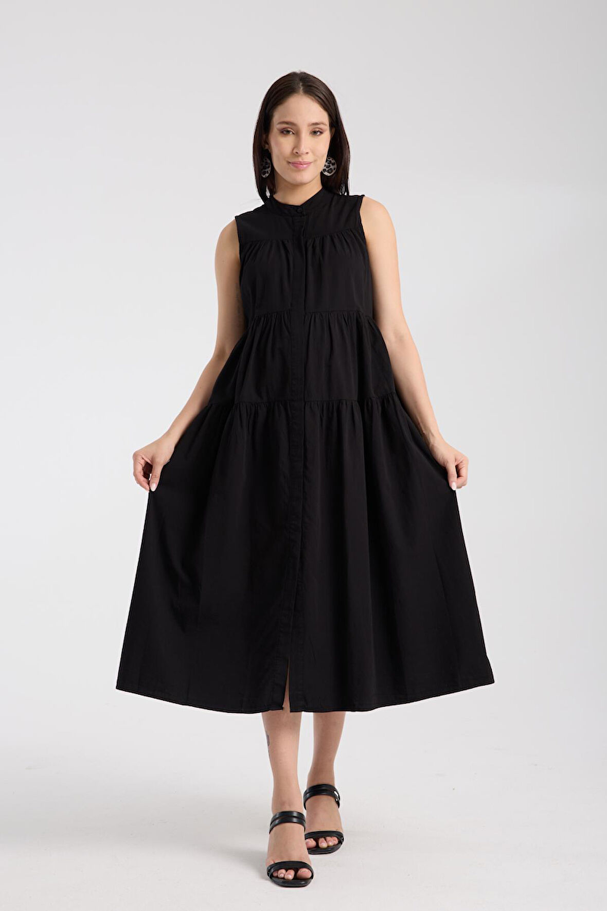 IŞŞIL 1638-Yıkamalı Pamuk Hakim Yaka Hamile Midi Boy Jile Elbise