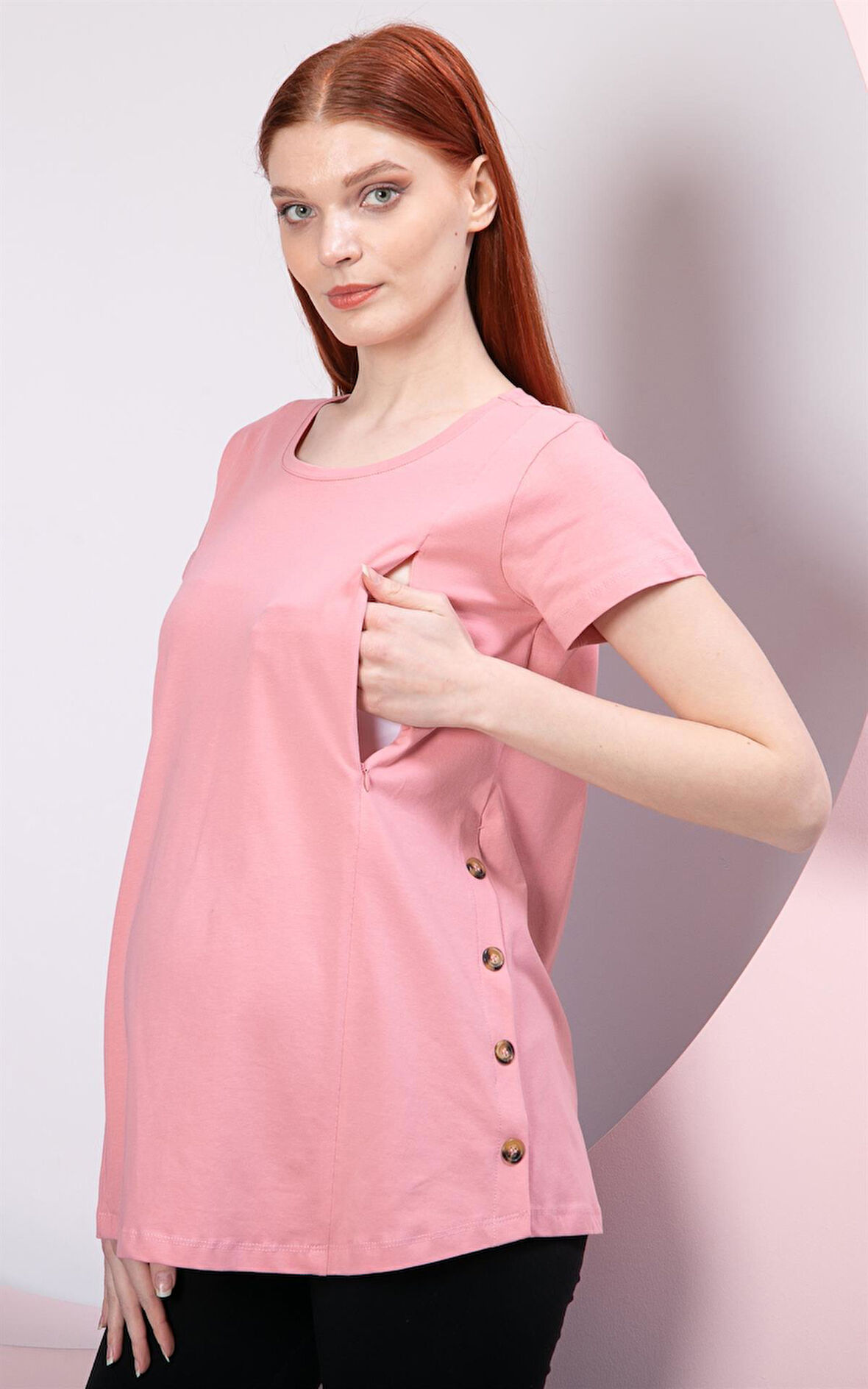 IŞŞIL O7158-Yan Düğmeli Emzirme Detay Hamile T-Shirt