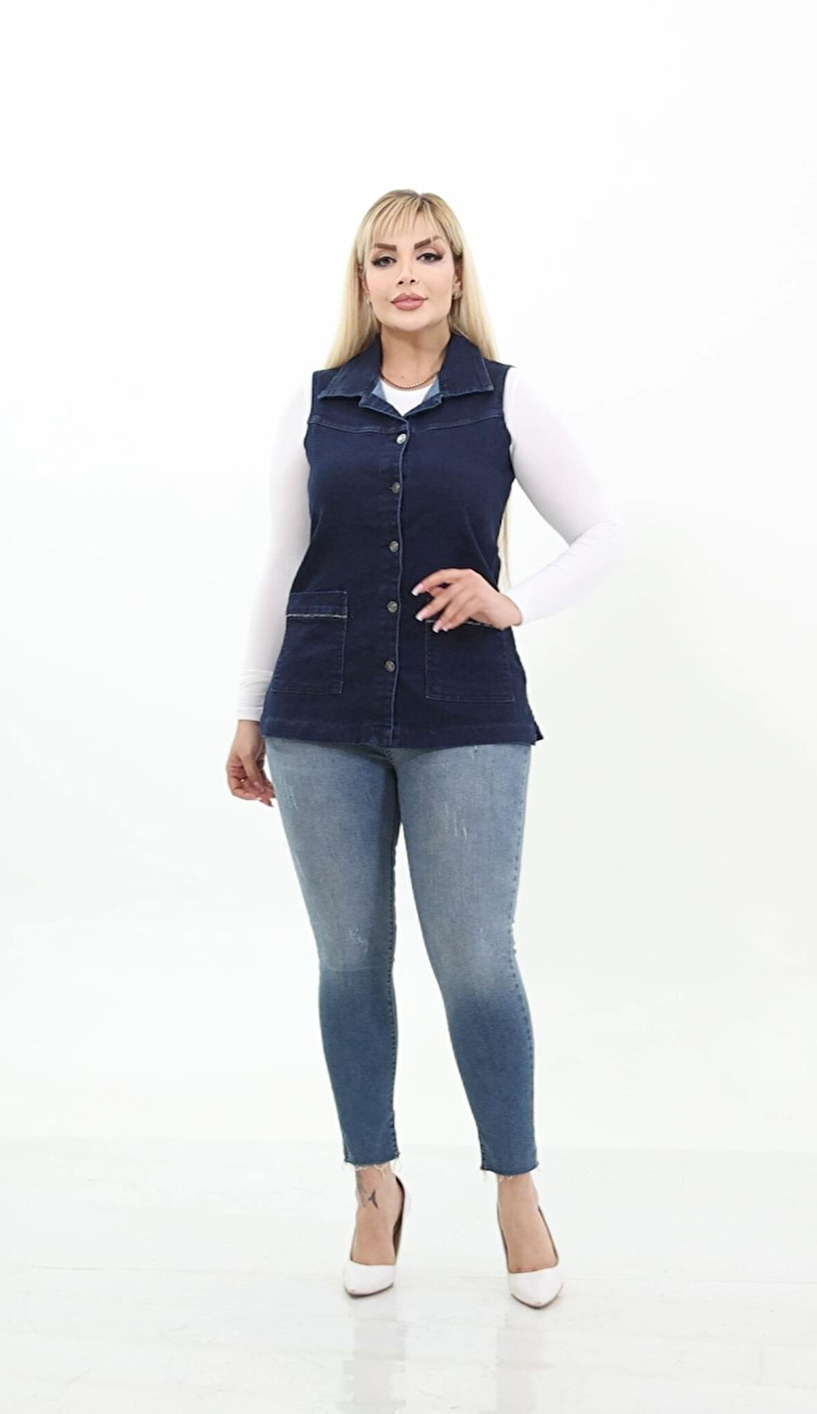 IŞŞIL 300-Büyük Beden Esnek Cepli  Kot Yelek