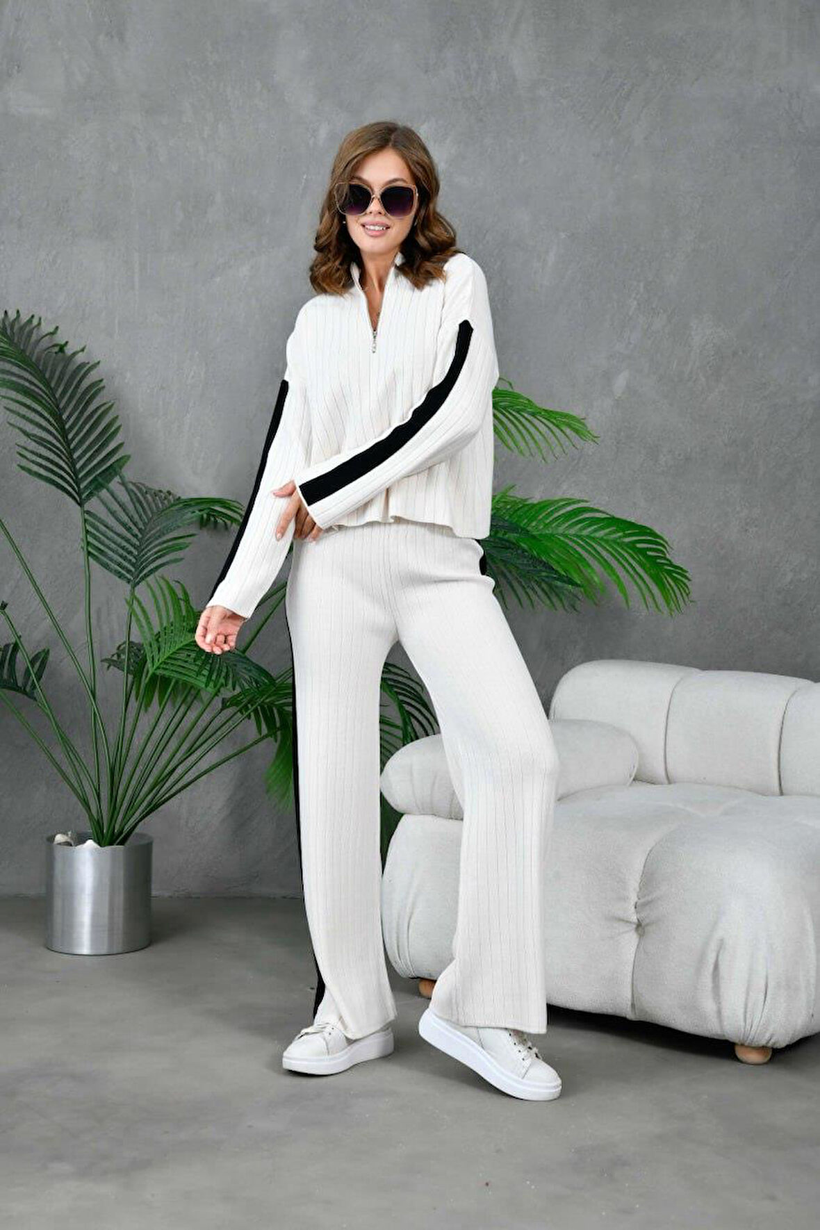 IŞŞIL 10858-Fermuarlı Yaka OverSize Pantolonlu Triko Takım