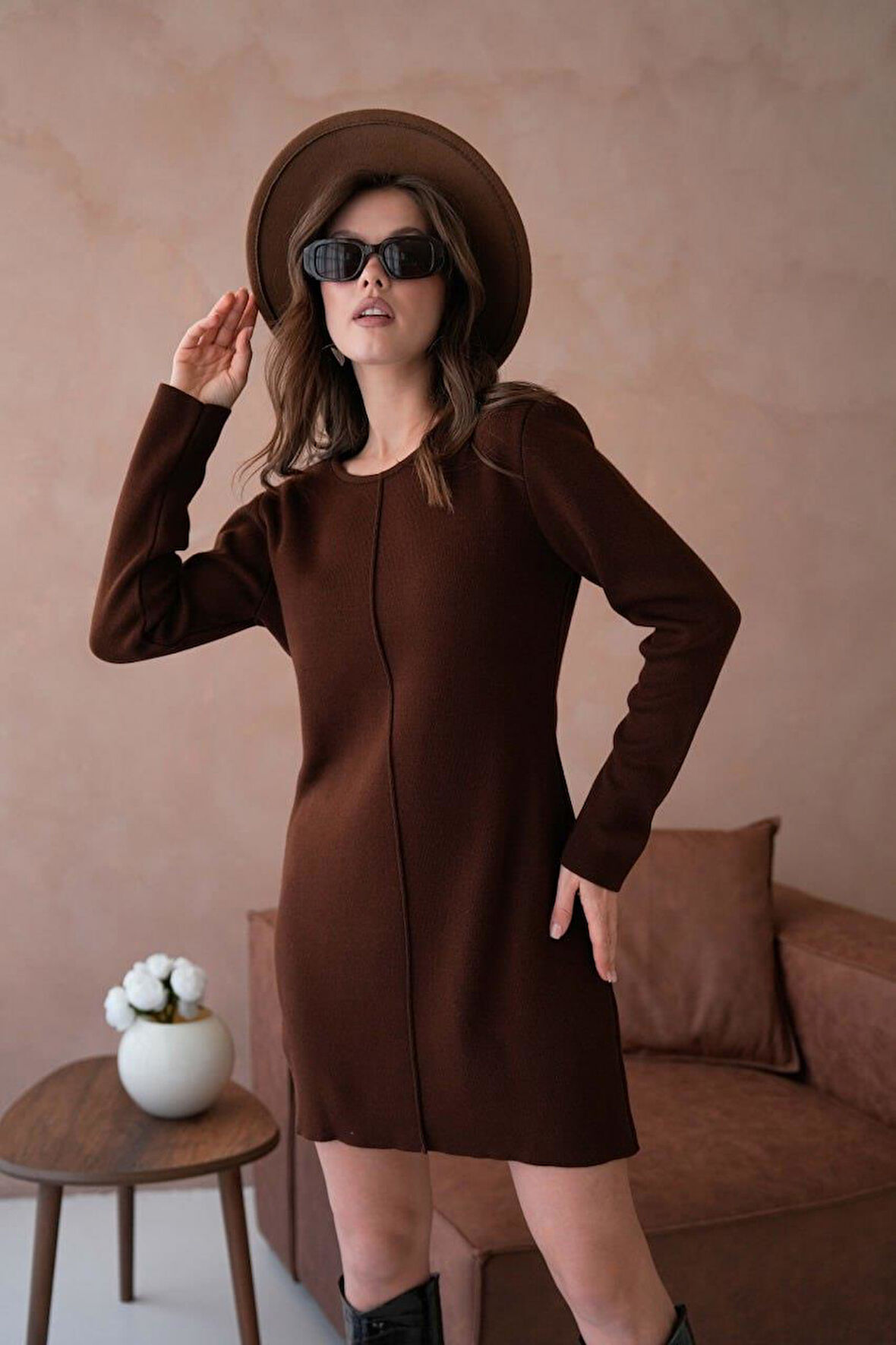 IŞŞIL 12027-Sıfır Yaka OverSize Triko Mini Tunik-Elbise