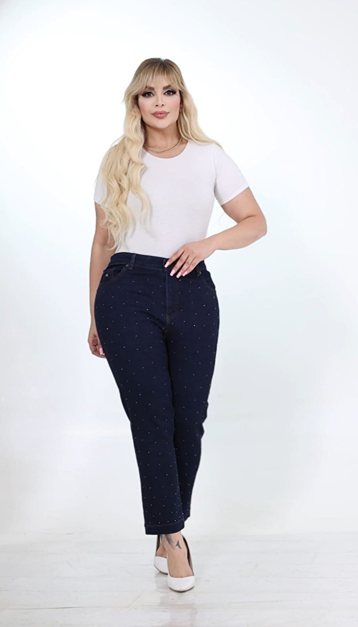 IŞŞIL 540-Büyük Beden Taşlı Bilek Boy Esnek Kot Pantolon