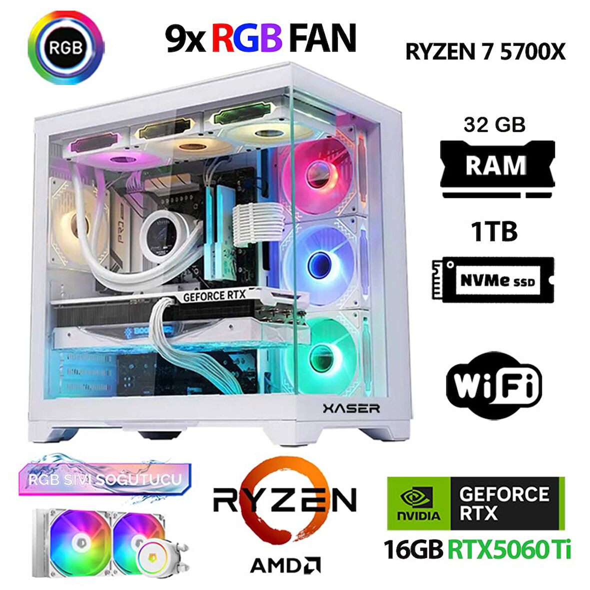 Xaser SovaX60 Ryzen 7 5700x 32GB Ram 1TB M.2 NVMe SSD 16GB RTX5060Ti Sıvı Soğutmalı Hazır Sistem Oyuncu Bilgisayarı