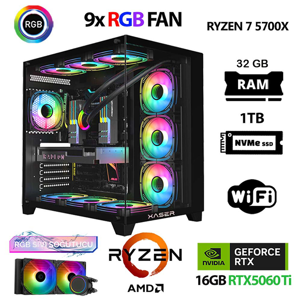 Xaser SovaX40 Ryzen 7 5700x 32GB Ram 1TB M.2 NVMe SSD 16GB RTX5060Ti Sıvı Soğutmalı Masaüstü Oyuncu Bilgisayarı