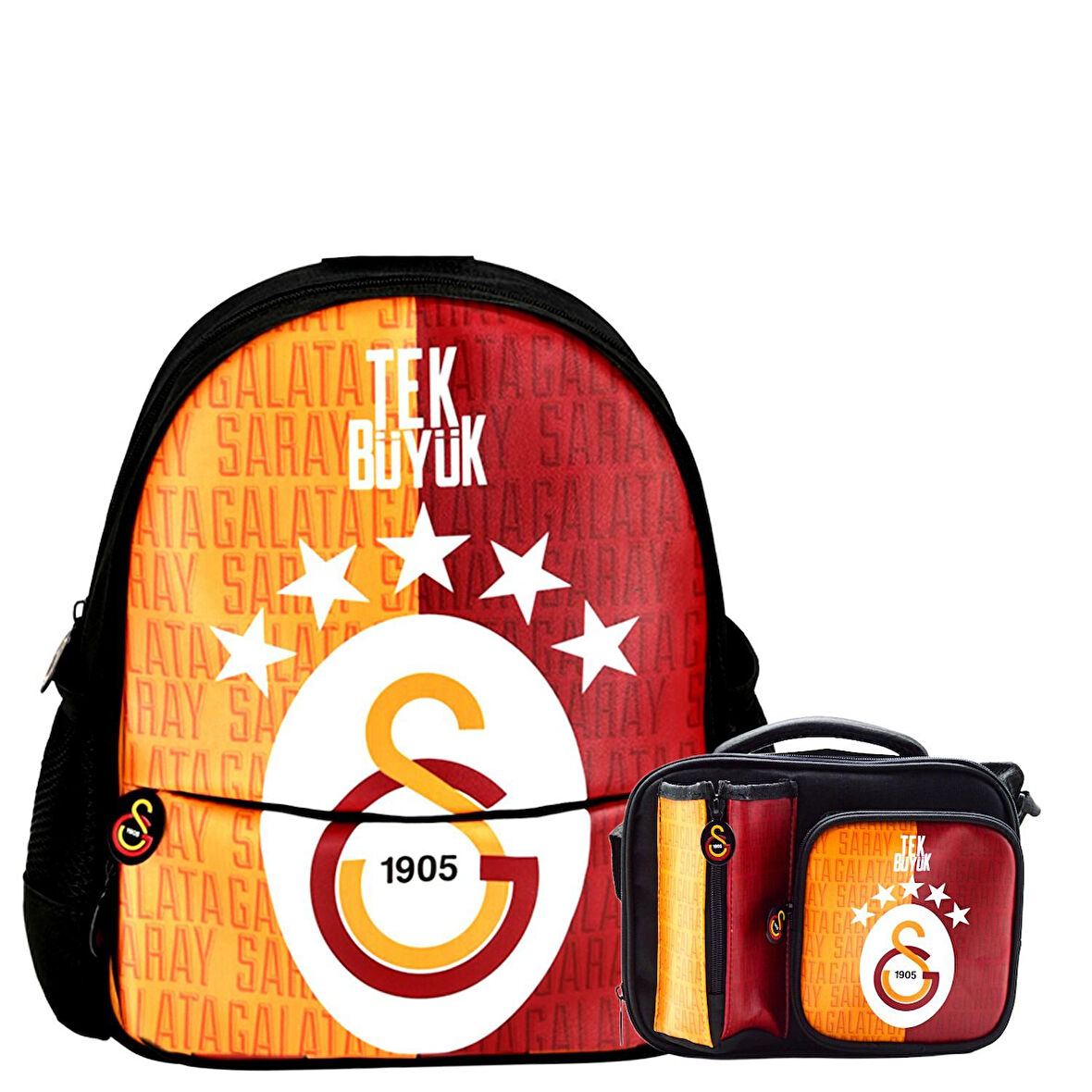 Galatasaray 2 Bölmeli 5 Yıldızlı Tek Büyük Suni Deri Anaokulu Çantası + Beslenme Çantası