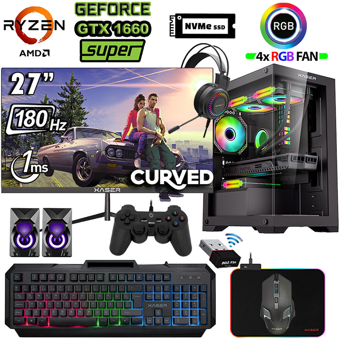 Xaser Blood x150 Ryzen 7 5700x 32GB Ram 1TB M.2 SSD 6GB GTX1660 27" 180Hz Masaüstü Oyuncu Bilgisayarı