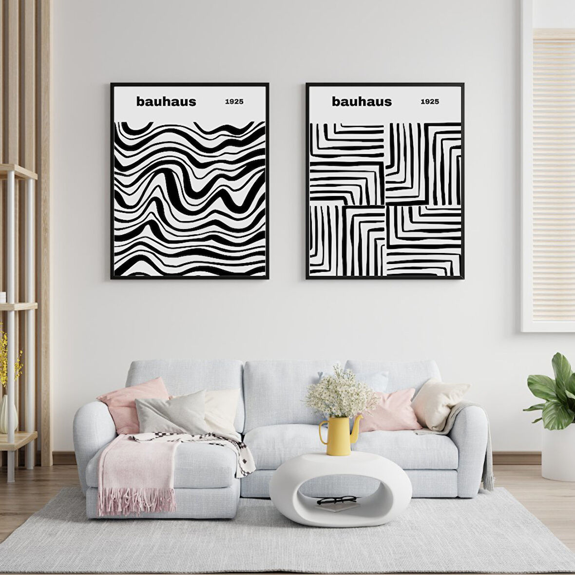 Bauhaus Siyah Çizgiler Duvar Tablosu Çerçeveli 2'li Set