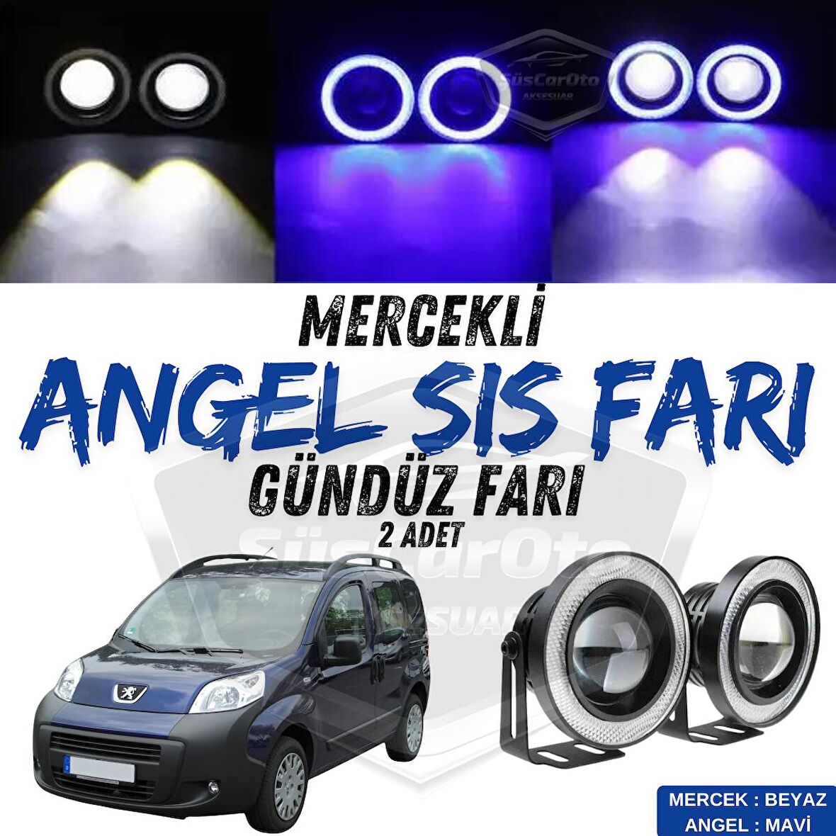 Peugeot Bipper 2008-2022 Uyumlu Üniversal Mercekli Angel Sis Farı Metal Su Geçirmez 76 mm Mavi Halkalı Gündüz Farı Angel Eyes 2 Adet