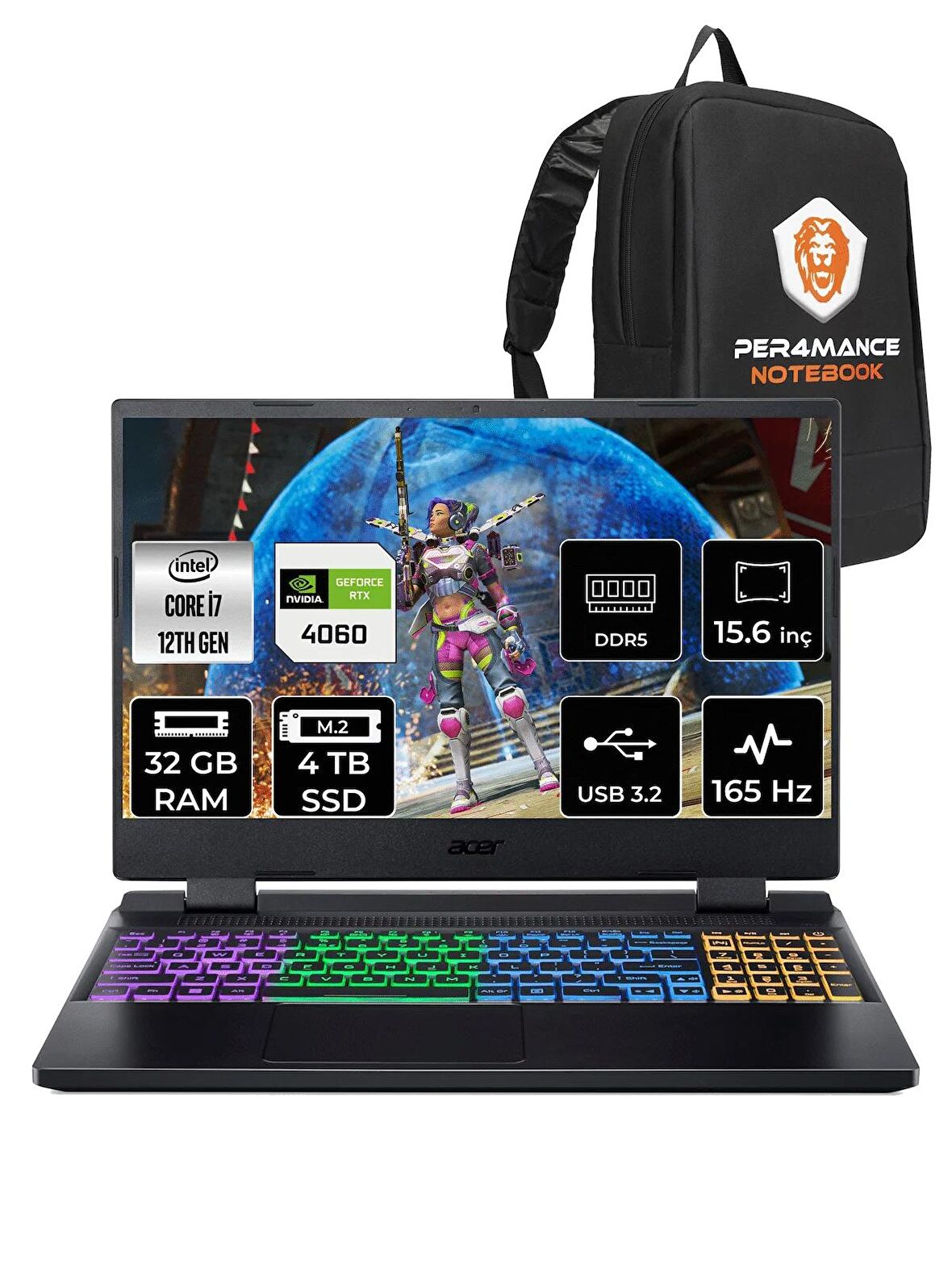 ACER Nitro 5 i7 12700H 32GB 4TB SSD RTX4060/8GB 165HZ 15.6" FHD FDOS NH.QM0EY.002 & PER4 ÇANTA