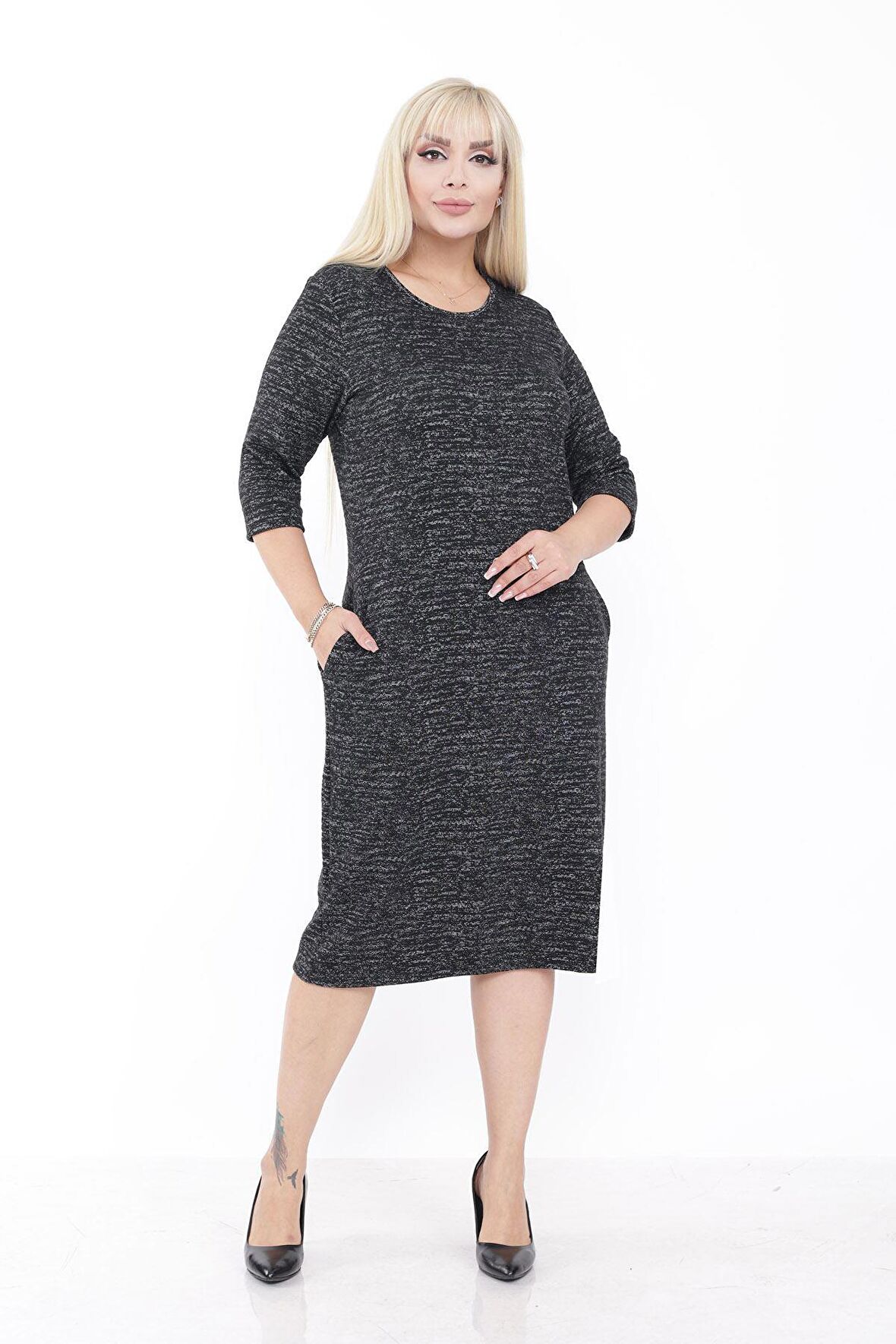 Büyük Beden Cepli Kışlık Esnek Elbise 42D-2232