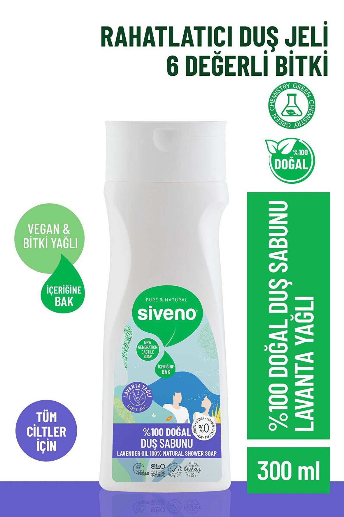 Siveno %100 Doğal Duş Sabunu Lavanta Kokulu Rahatlatıcı Duş Jeli 6 Değerli Bitki Vegan 300 ml