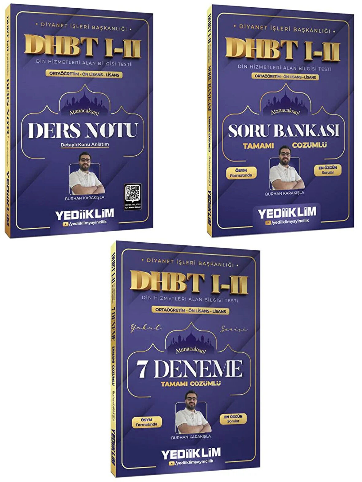 Yediiklim Diyanet İşleri Başkanlığı DHBT I-II Ortaöğretim Ön Lisans Lisans Ders Notu Soru Bankası ve Deneme Seti 3 Kitap