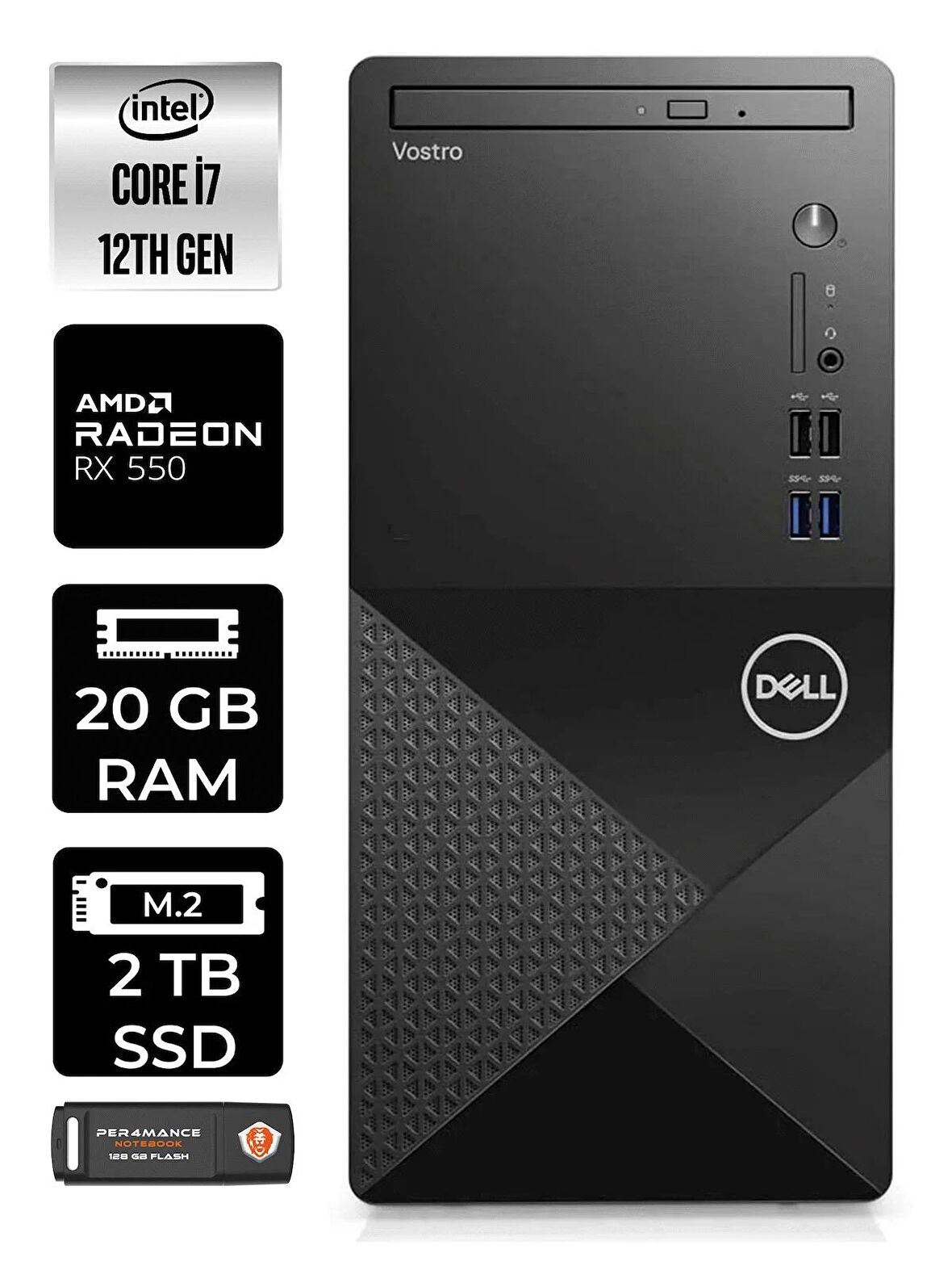 DELL VOSTRO i7 12700 20GB RAM 2TB SSD RX550/4GB W11HOME N7598VDT3910 MASAÜSTÜ PC & PER4 BELLEK