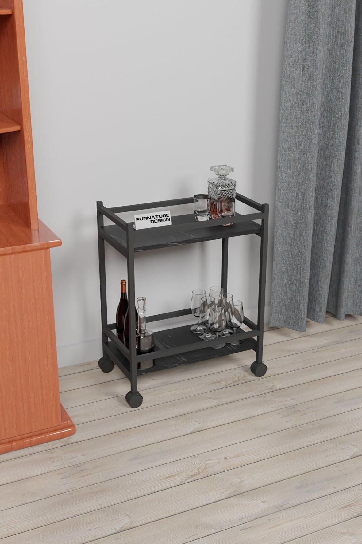 Servis Sunum Arabası Ev Tipi Iki Katlı Şişe Bölmeli Servant Bar Cart Bendir