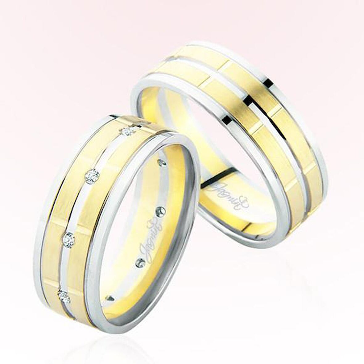 Beyaz Sarı Şeritli Taşlı Altın Alyans 4304