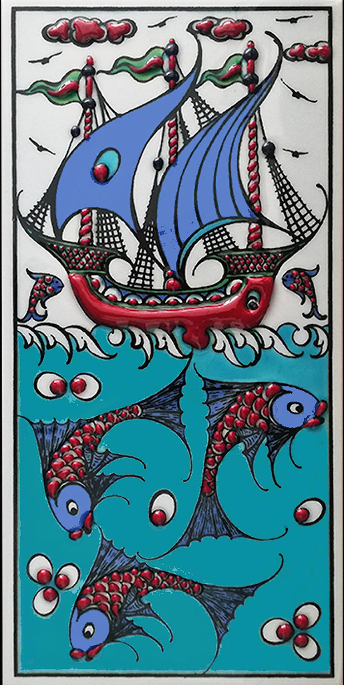 Armada Çini 10x20 Cm ED 213 Kırmızı İznik Kalyon El dekoru Çini Karo