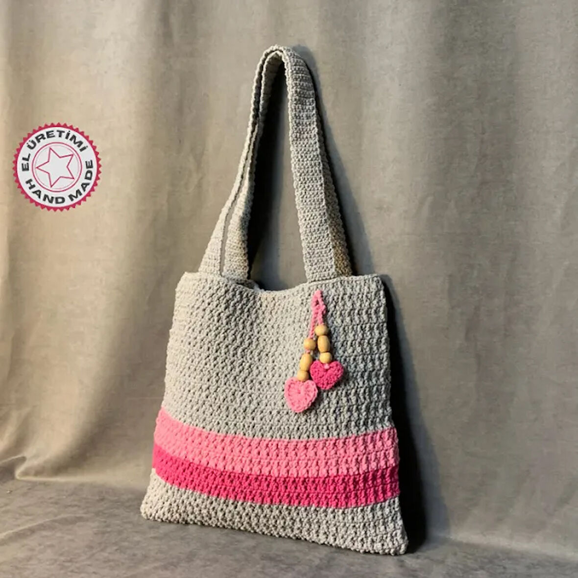 Uretti - Emine 9106 - El Örgüsü Kalp Süsleme Detaylı Çanta - Gri / Pembe