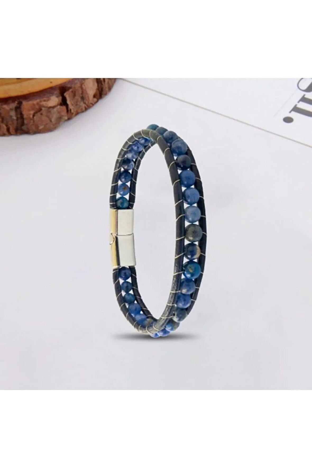 Erkek Doğaltaş Bileklik - 6mm Doğal Lapis Taşı Deri Kordon Ve Çelik Bileklik