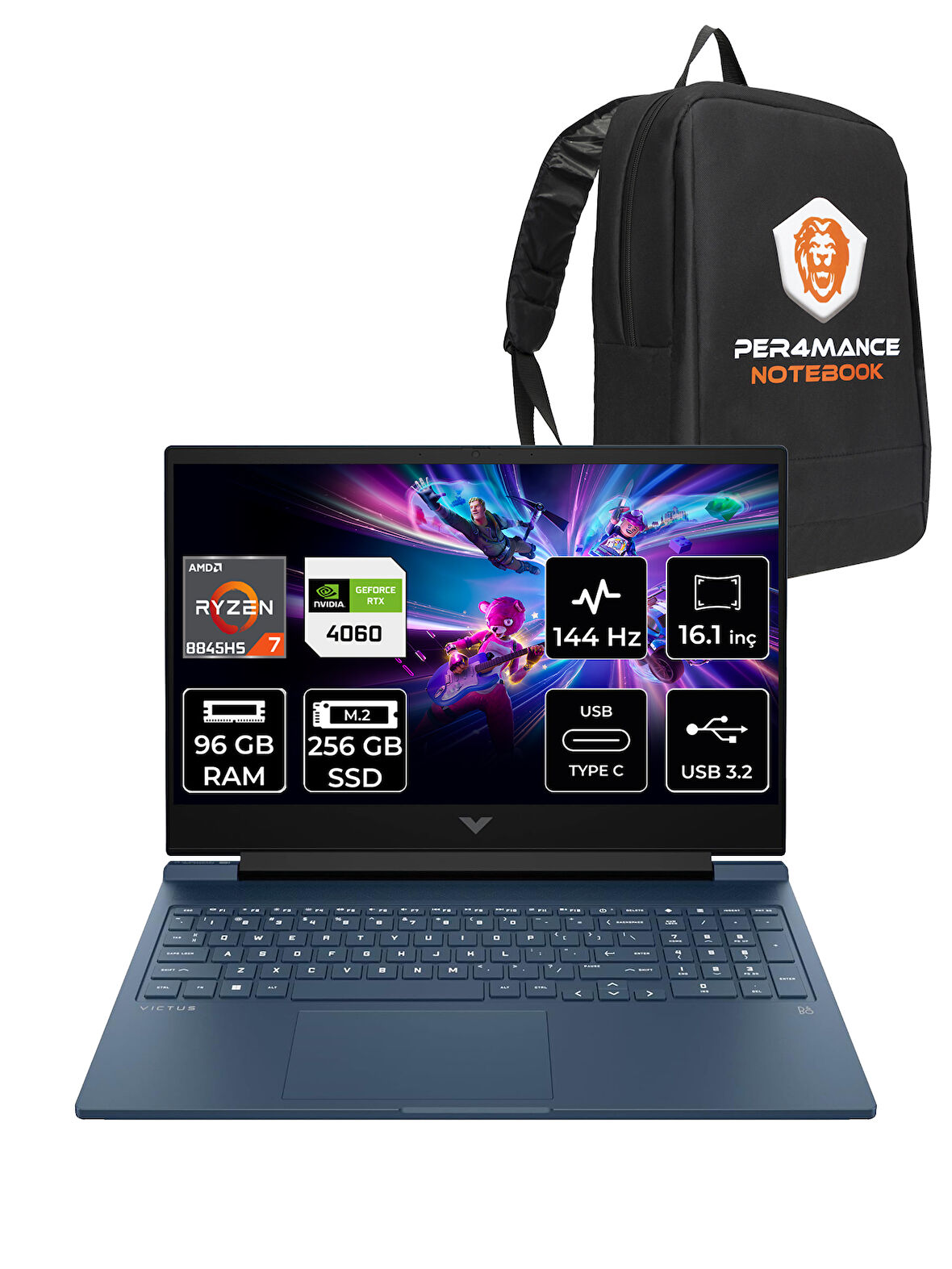 HP VİCTUS 16 R7 8845HS 96GB 256GB SSD RTX4060/8GB 144HZ 16.1'' FHD FDOS A05N8EA & PER4 ÇANTA
