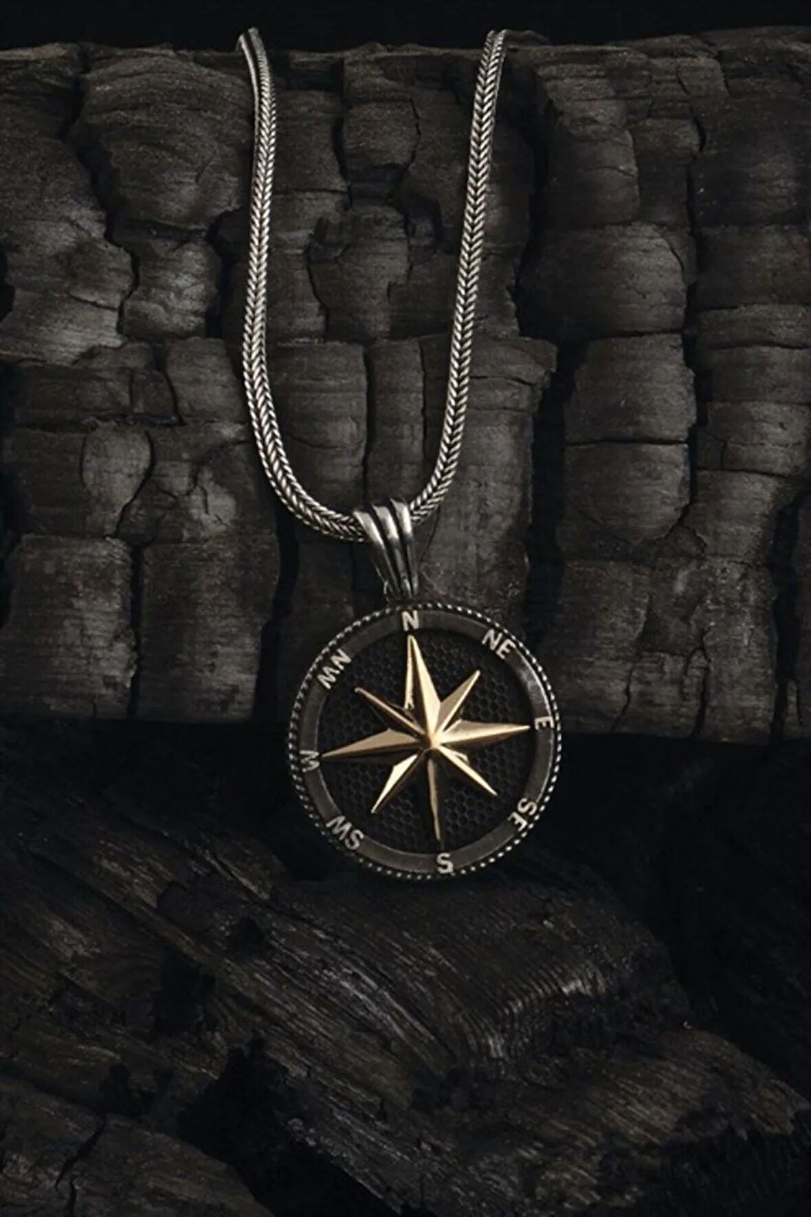 Erkek Gümüş Kolye - Pusula Orta Boy 925 Ayar Erkek Gümüş Kolye Zincir