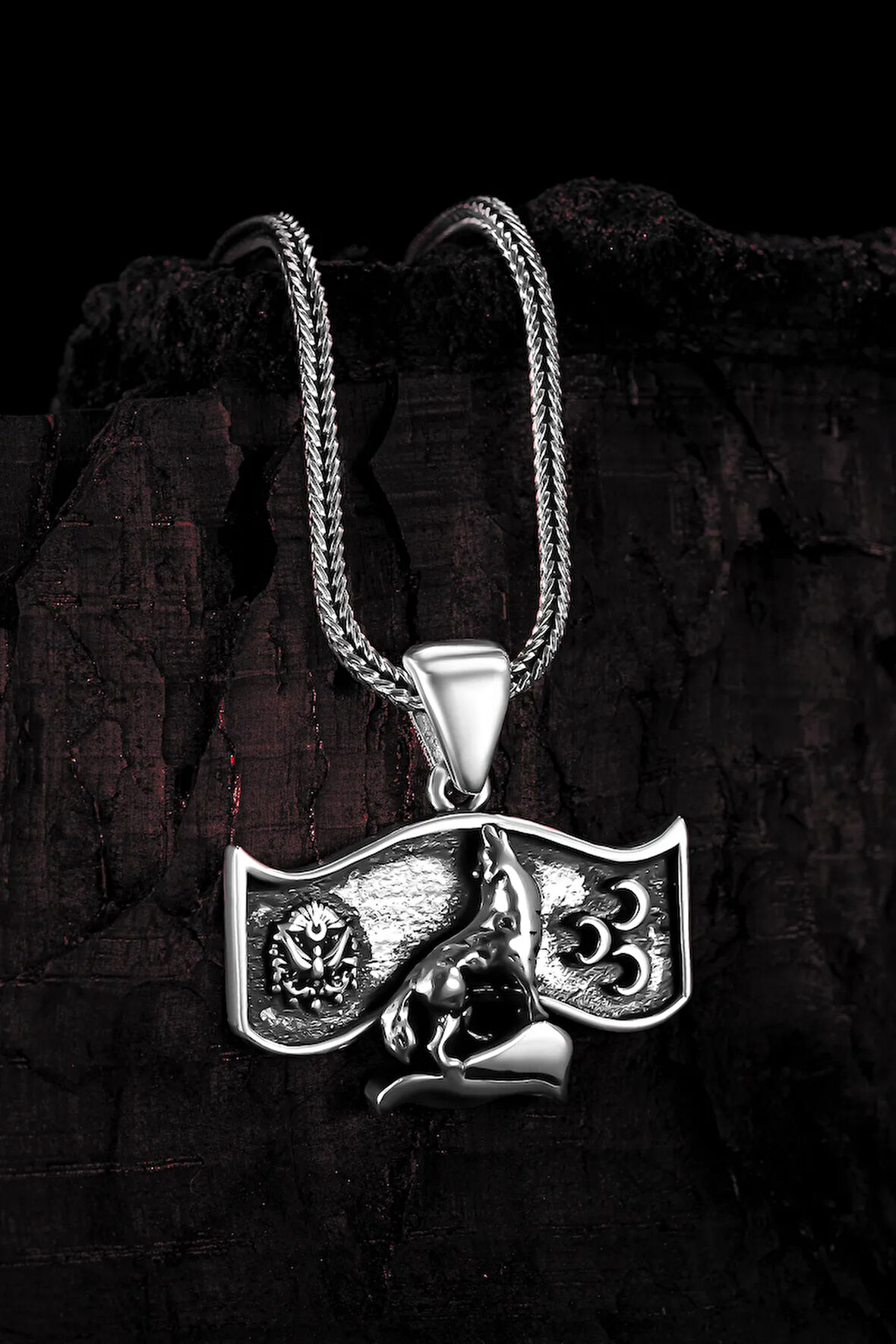 Erkek Gümüş Kolye - Osmanlı Devleti Arması Üç Hilal Bozkurt İşlemeli Zincir Erkek Kolye