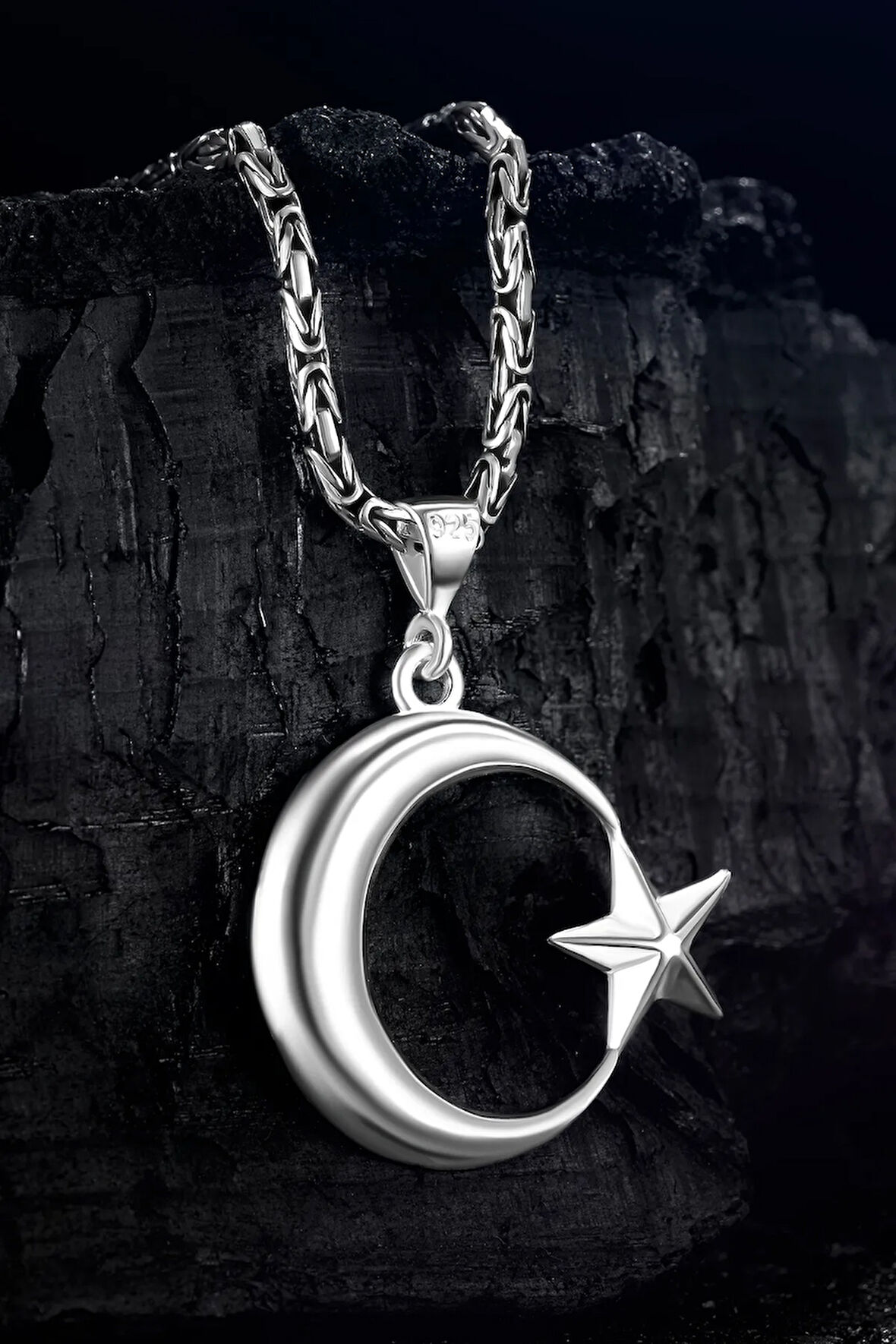 Erkek Gümüş Kolye - Ay Yıldız Motifli Kral Zincirli Erkek Kolye