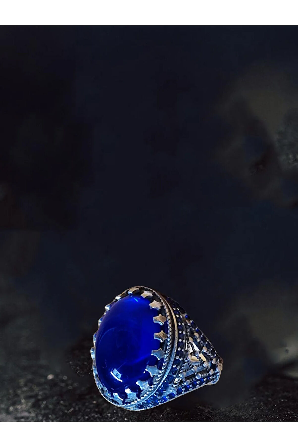 Erkek Gümüş Yüzük - Mavi Taşlı Kraliyet Model Yanları Halat Desen Erkek Yüzük