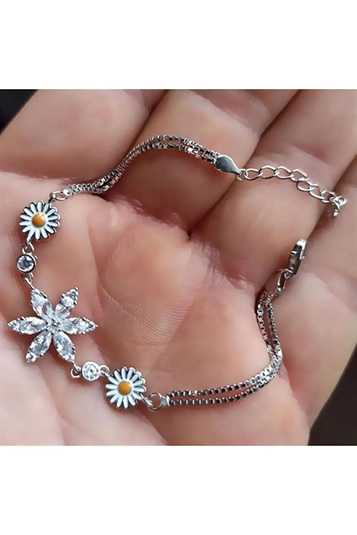 Papatyalı Nergis Çiçeği Zirkon Taşlı Gümüş Bileklik