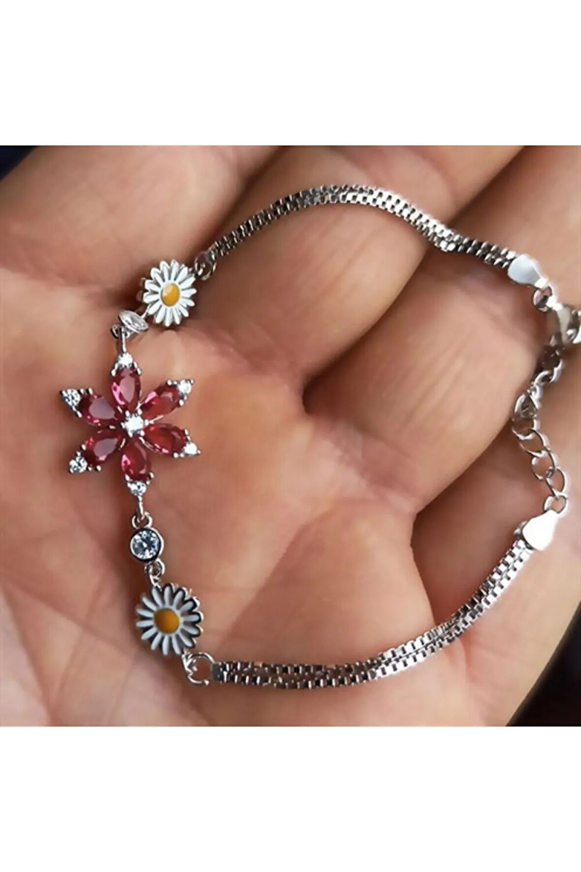 Papatyalı Nergis Çiçeği Zirkon Taşlı Gümüş Bileklik