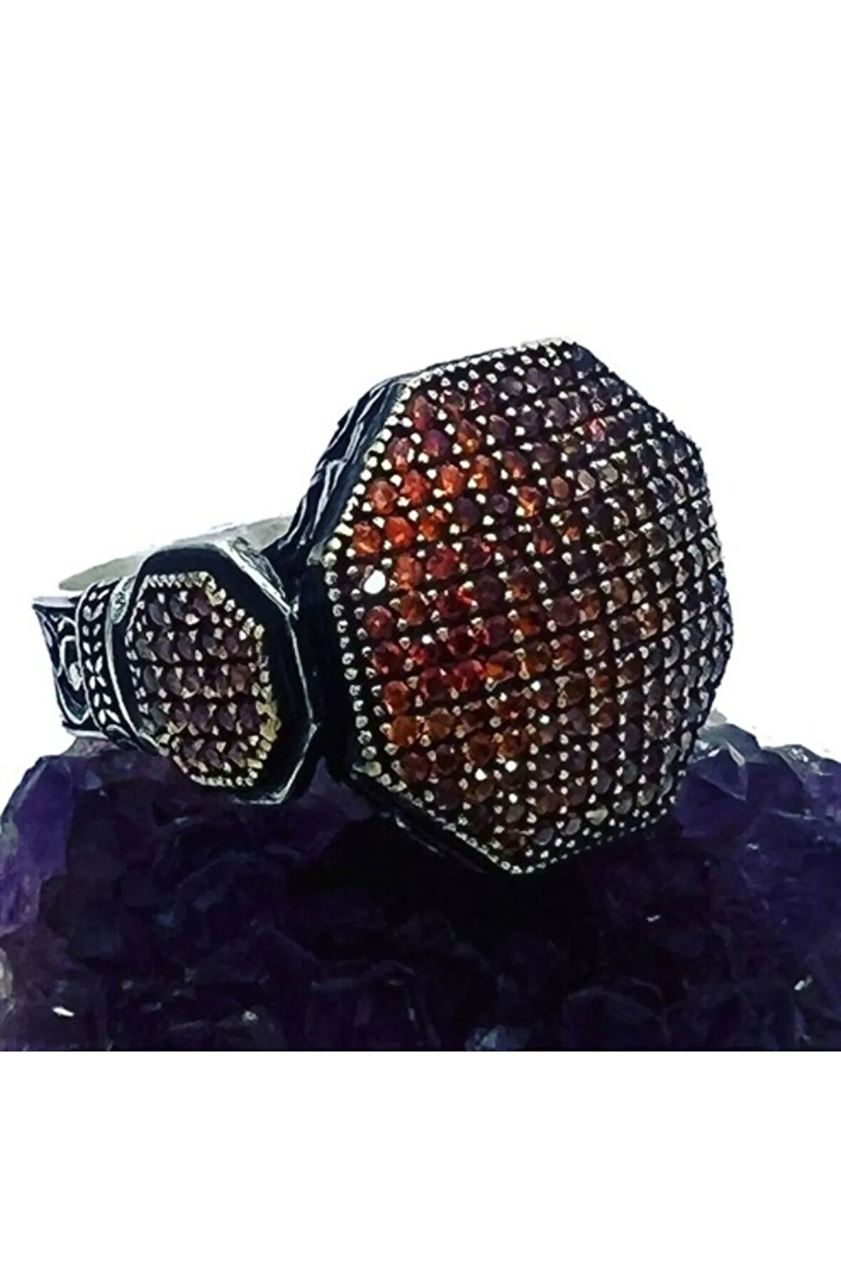 Erkek Gümüş Yüzük - Akron Turuncu Zirkon Yanı Taşlı Özel Seri Erkek Gümüş Yüzük