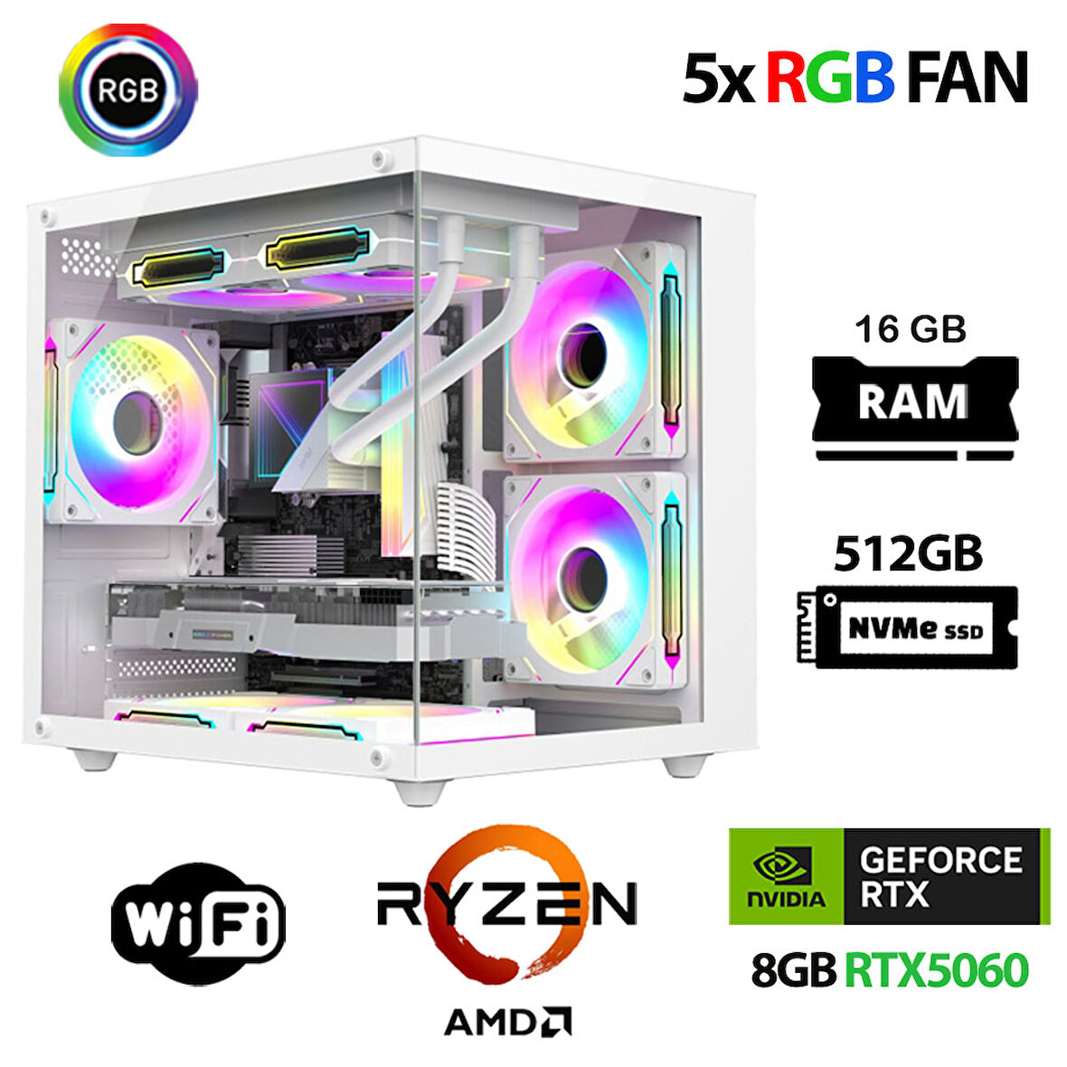 Xaser Eco X250 Ryzen 5 5600 16GB Ram 512GB M.2 NVMe SSD 8GB RTX5060 Oyuncu Masaüstü Bilgisayarı