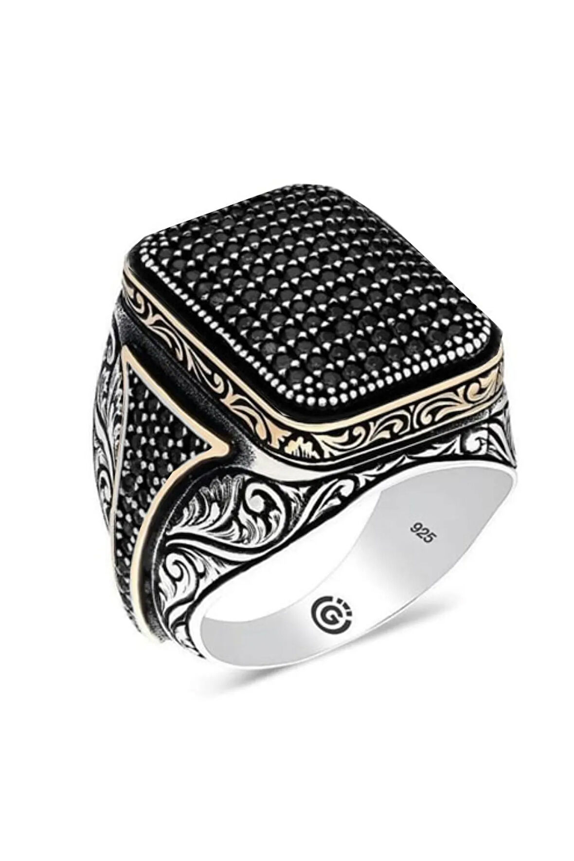 Homero Siyah Zirkon Yanı Taşlı İşlemeli Özel Seri Erkek Gümüş Yüzük