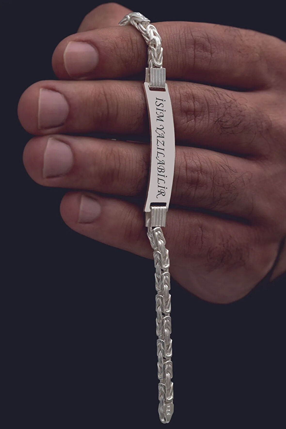 Erkek Gümüş Bileklik - İsim Yazılabilir 4.5 mm Kalın Beyaz Kare Kral Gümüş Bileklik