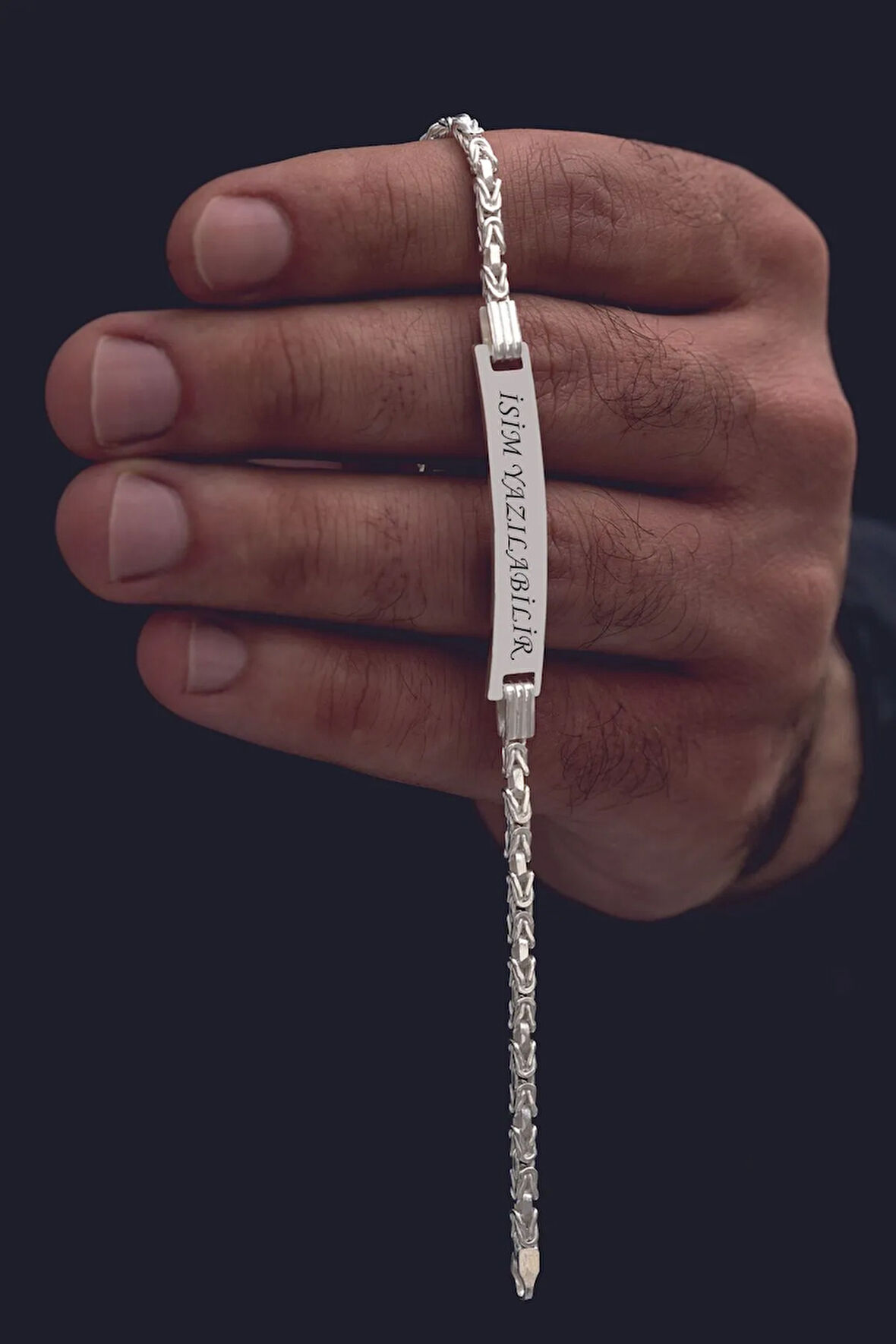 Erkek Gümüş Bileklik - İsim Yazılabilir 3.5 mm İnce Beyaz Kare Kral Gümüş Bileklik