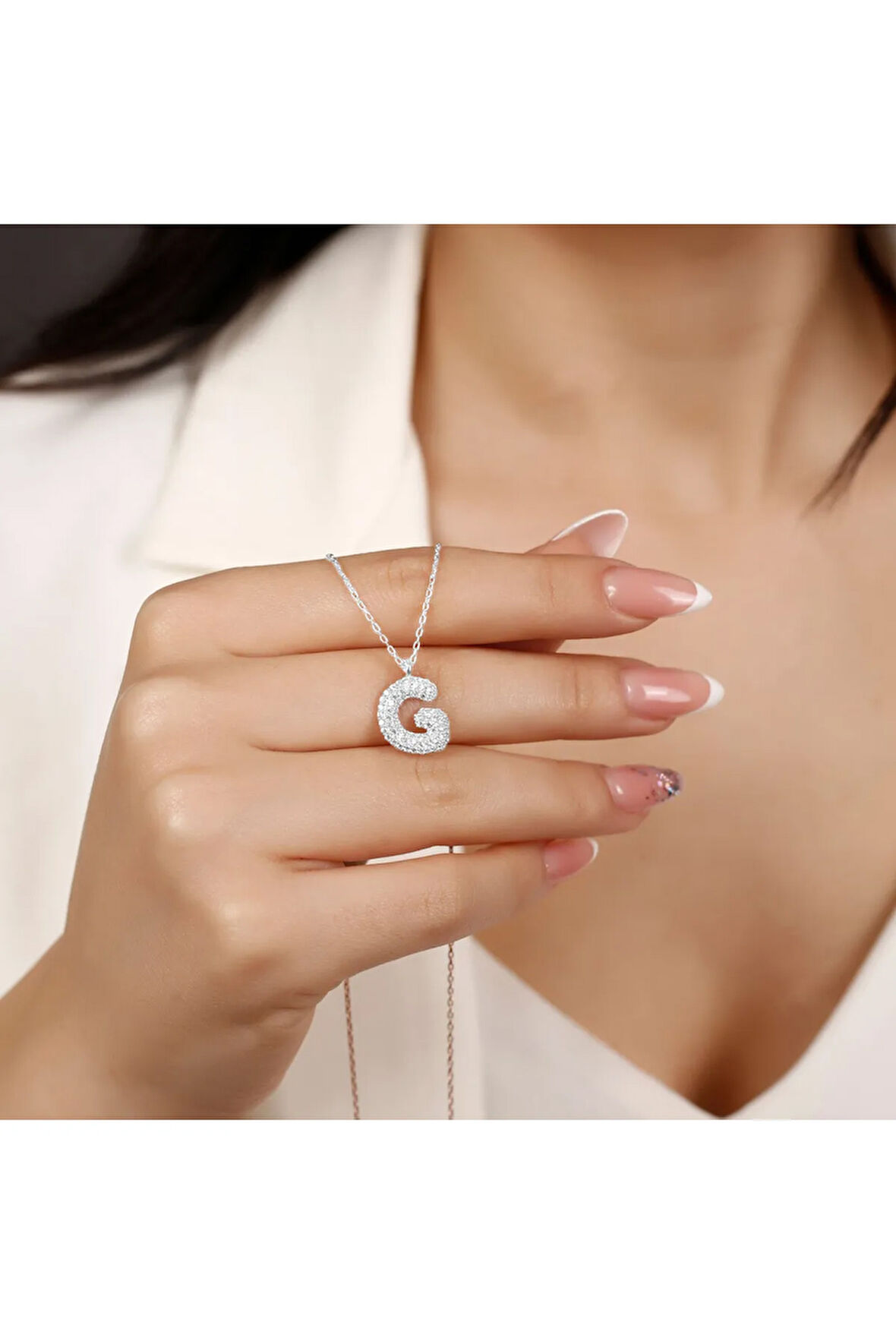 Kadın Gümüş Kolye - G Harfi Zirkon Taşlı Balon Harf Kadın Kolye