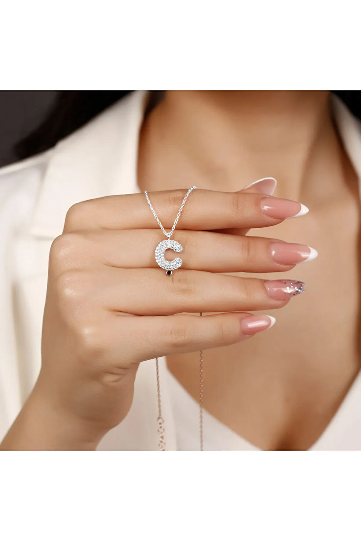 Kadın Gümüş Kolye - Ç Harfi Zirkon Taşlı Balon Harf Kadın Kolye