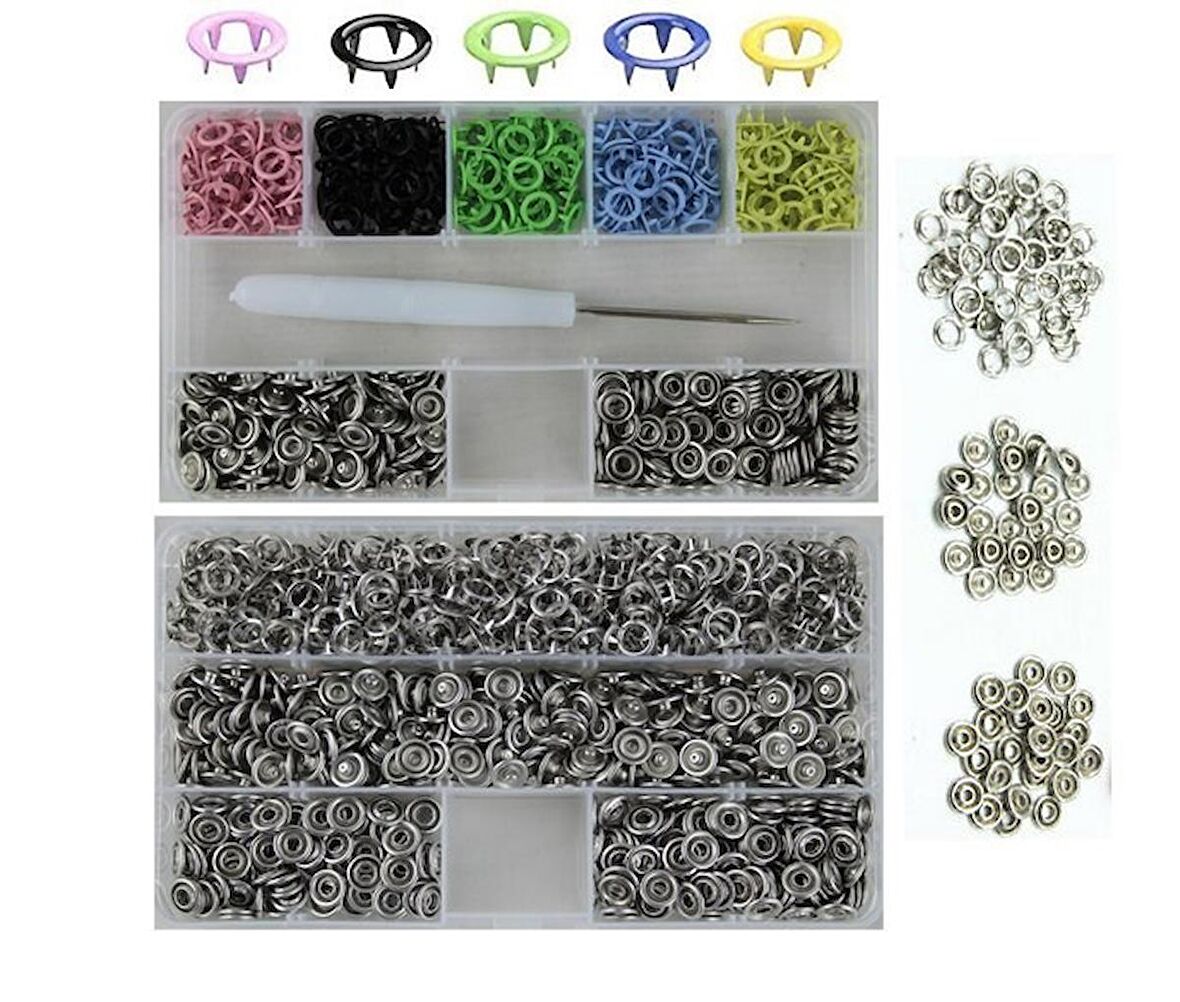 350 SET 9.5 MM Karışık Renkli Metal Çıt Çıt ve Saklama Kutusu