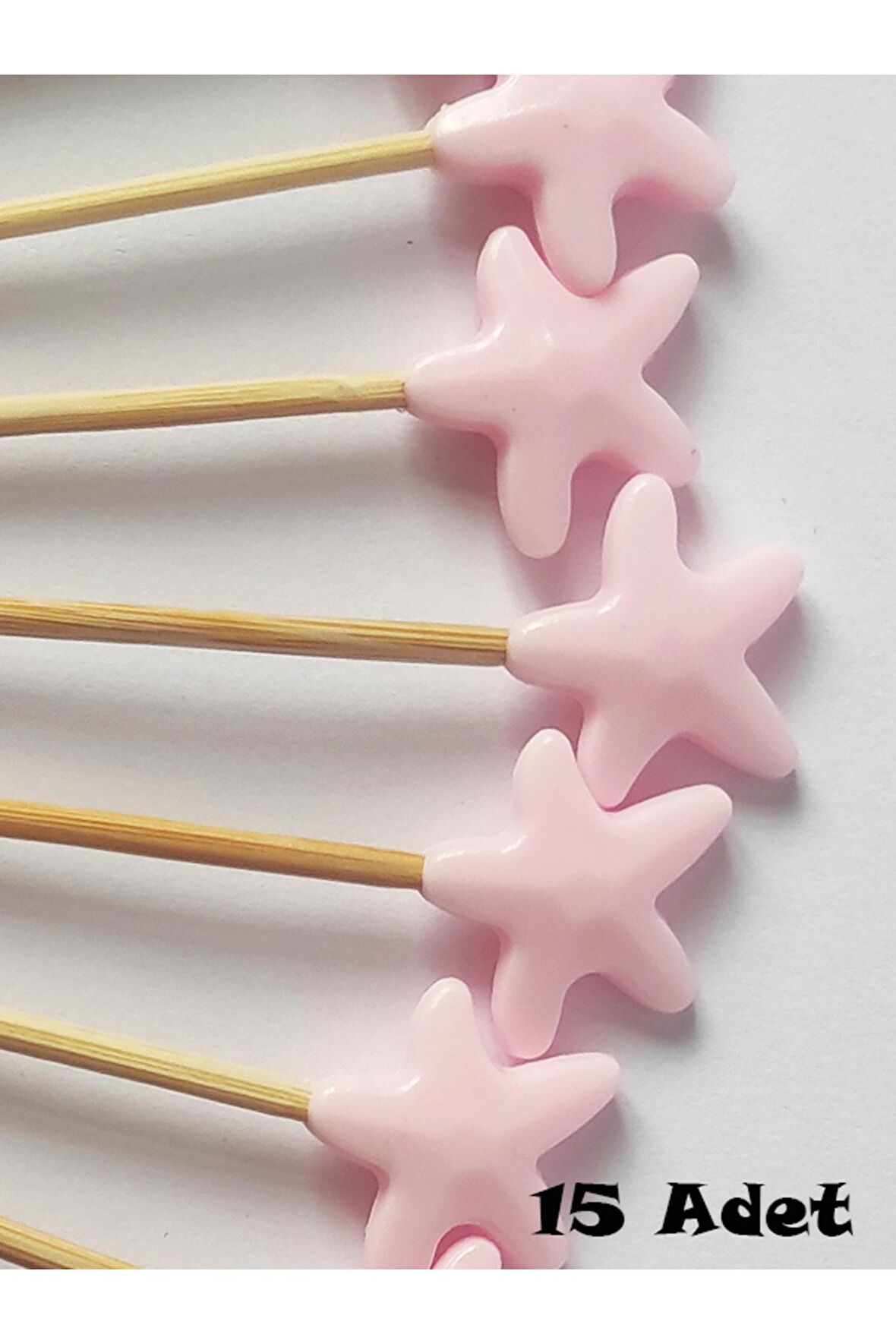 15 Cm Uzun Kürdan - 15 Adet Pembe Deniz Yıldızı Dekoratif Pasta Kürdanı - Kokteyl Karıştırıcı