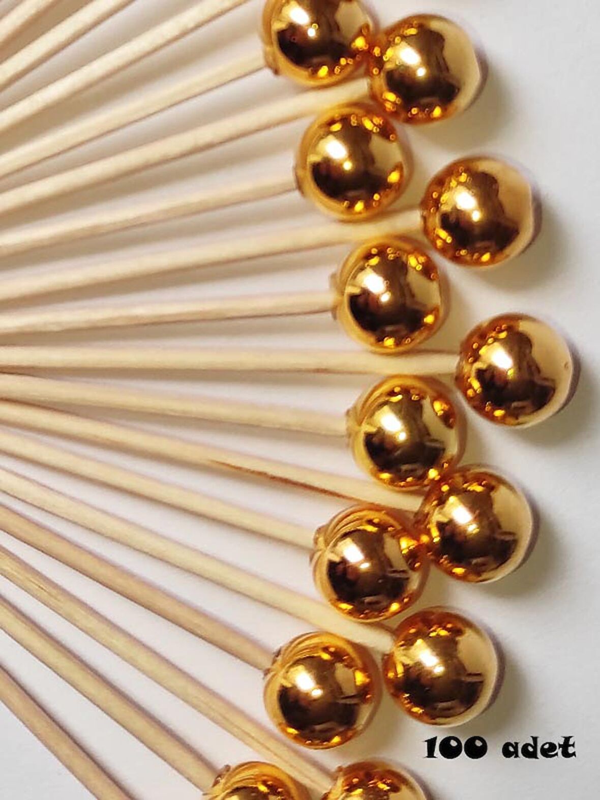 100 Adet Dekoratif Yuvarlak İnci Kürdan 6 cm Gold - İnci 8 mm
