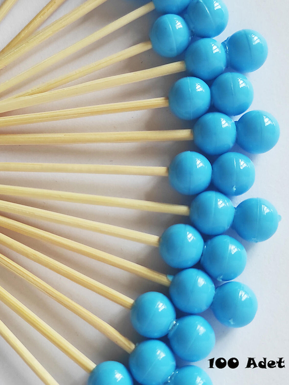 100 Adet Çift Boncuklu Mavi Baby Shower Kürdanı 6 cm - Boncuk 8 mm - Mavi Pasta Kürdanı