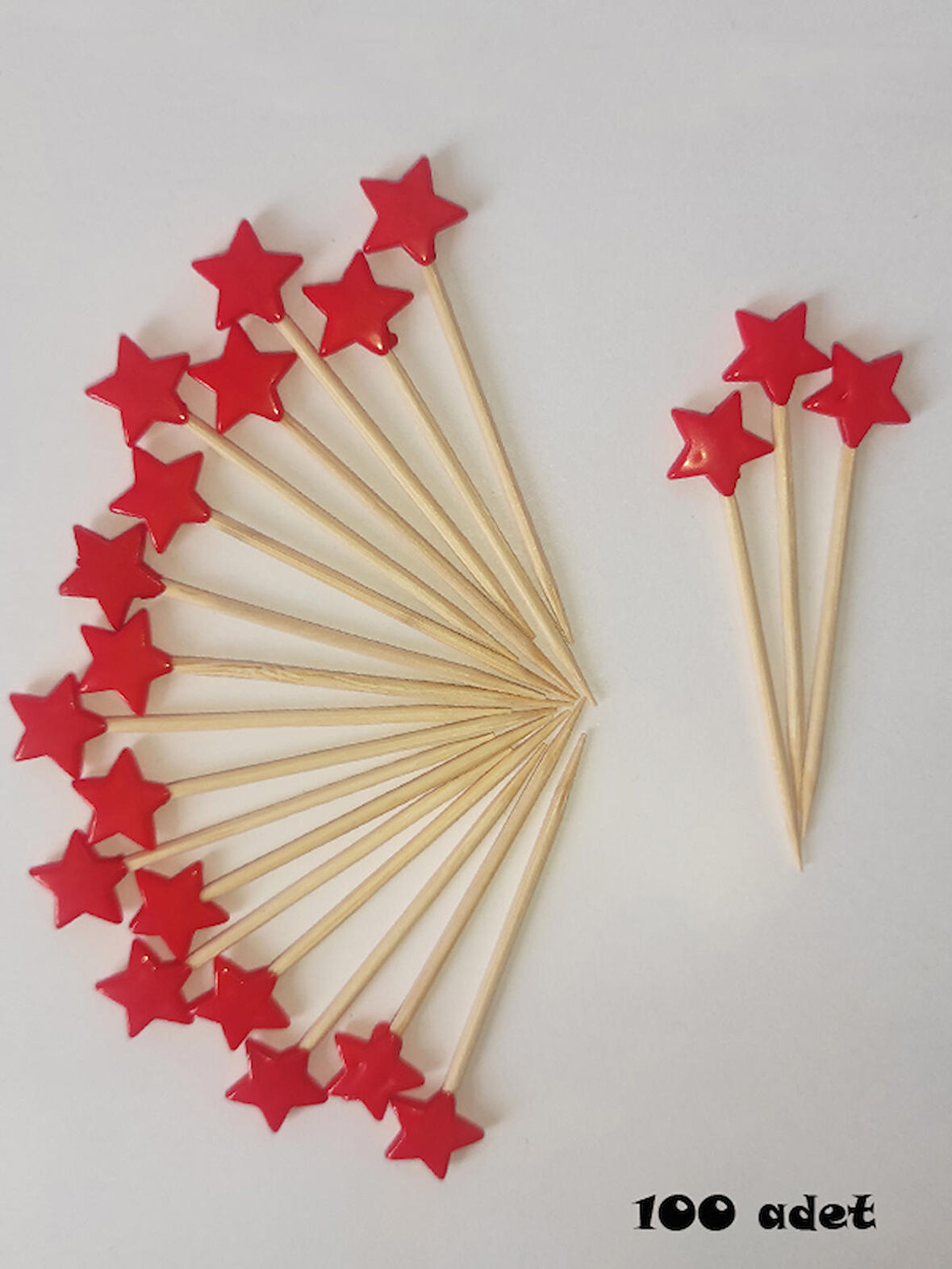 100 Adet Dekoratif Yıldız Cupcake Kürdanı 6 cm Kırmızı - Yıldız 10 mm